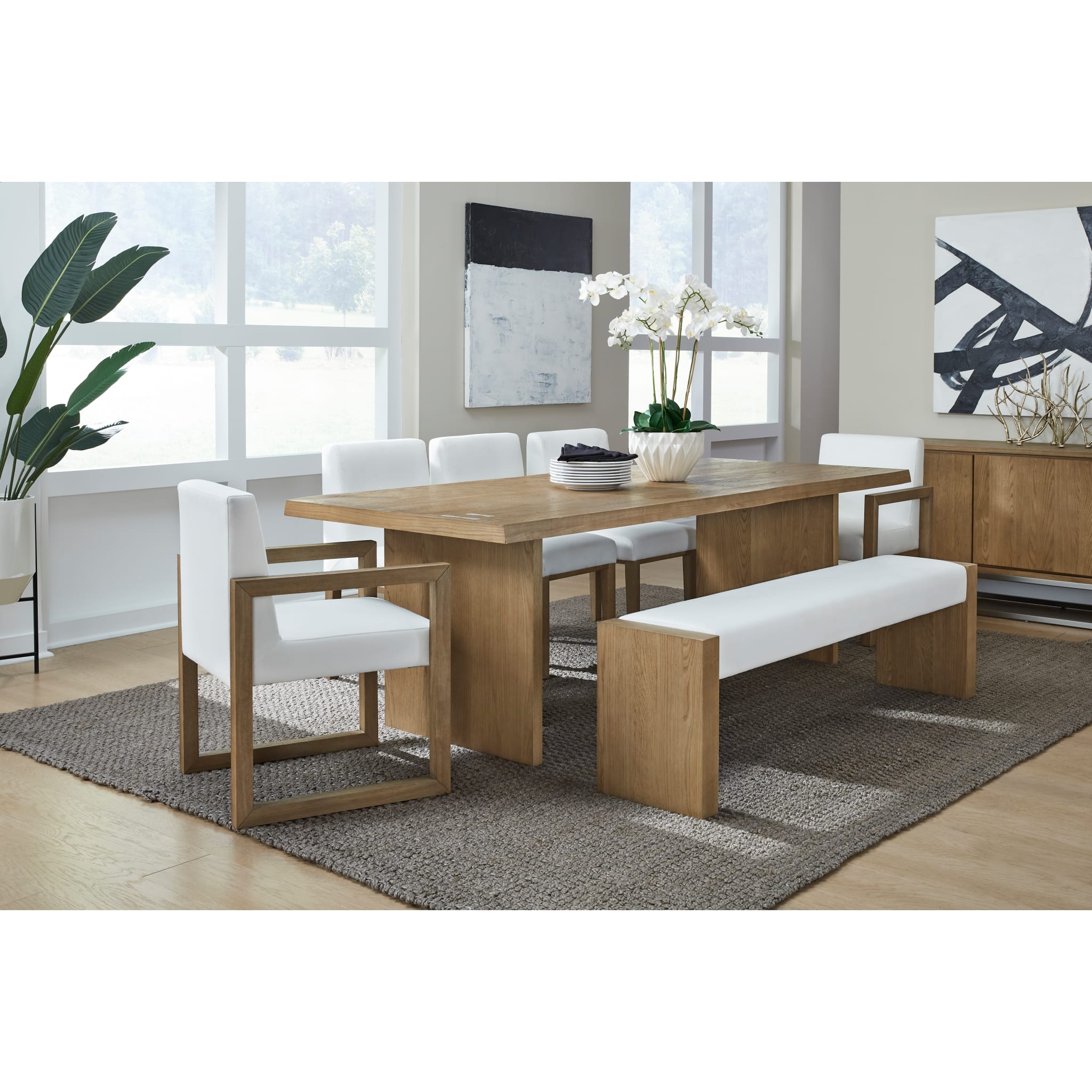 Modern Coastal Sled Leg Upholstered Dining Arm Chair - White Pearl & Bisque Fabric - Perfect for Beach House, Farmhouse, or Coastal-Themed Dining Rooms