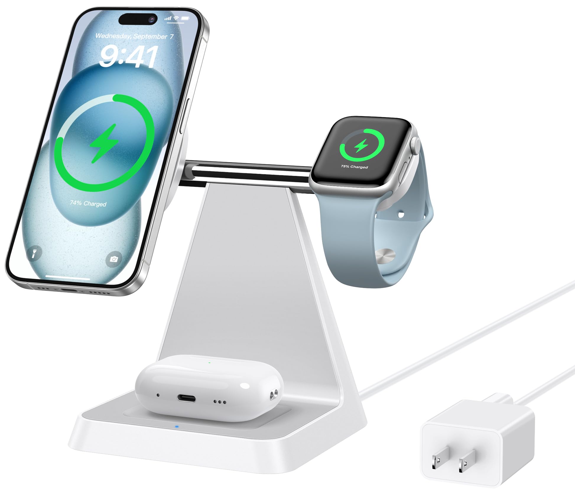 3-in-1 Magnetic Wireless Charging Station for iPhone 16/15/14/13/12 Pro Max/Plus & Apple Watch & AirPods - Fast MagSafe-Compatible Charger Stand Dock for Multiple Devices - Perfect for Home, Office, and Travel Use