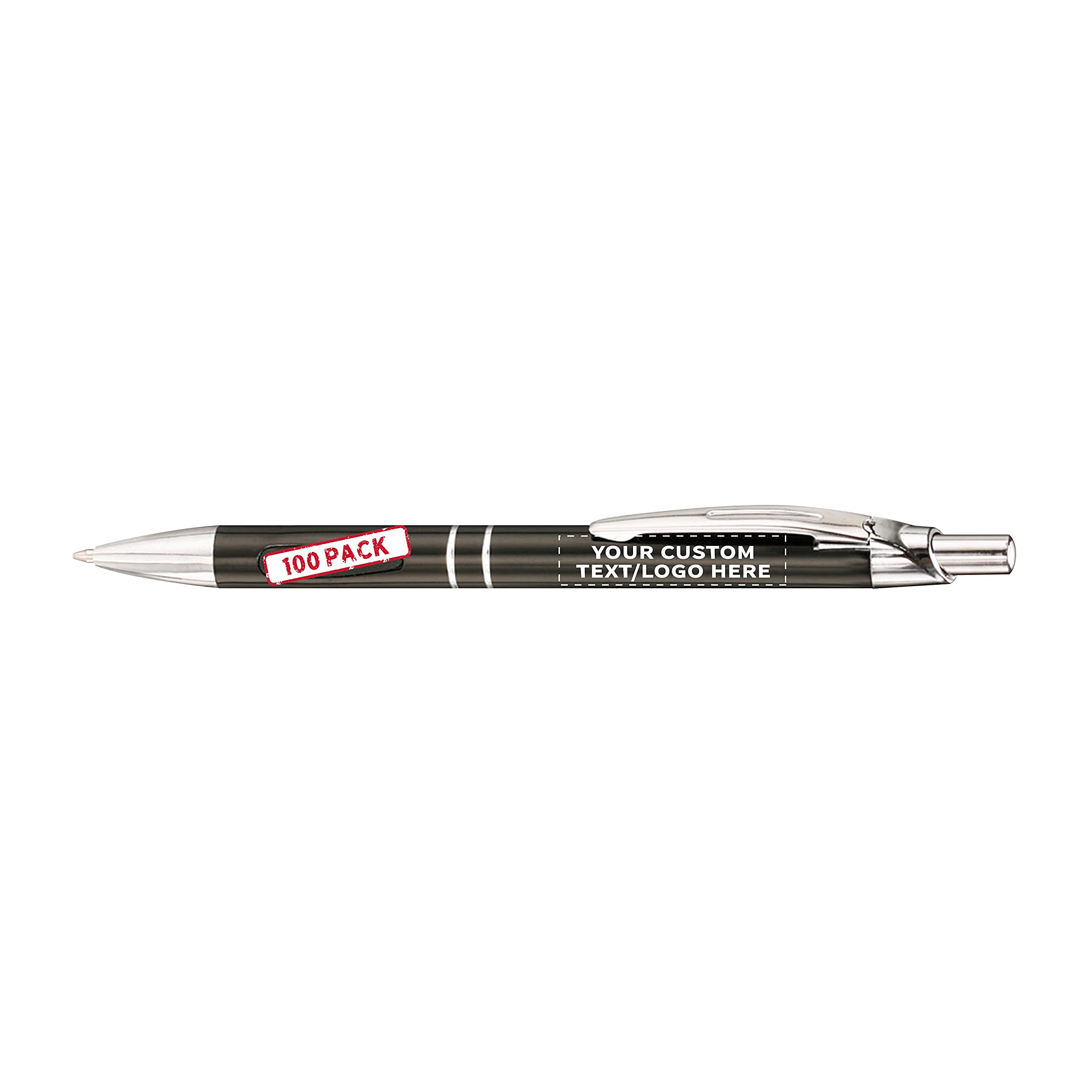 100 Pack Black Ink Metal Pens with Custom Text & Logo - Retractable Ballpoint Pens with Silver Accents - Premium Office & Business Writing Pens for Corporate Gifts, Promotions & Everyday Use