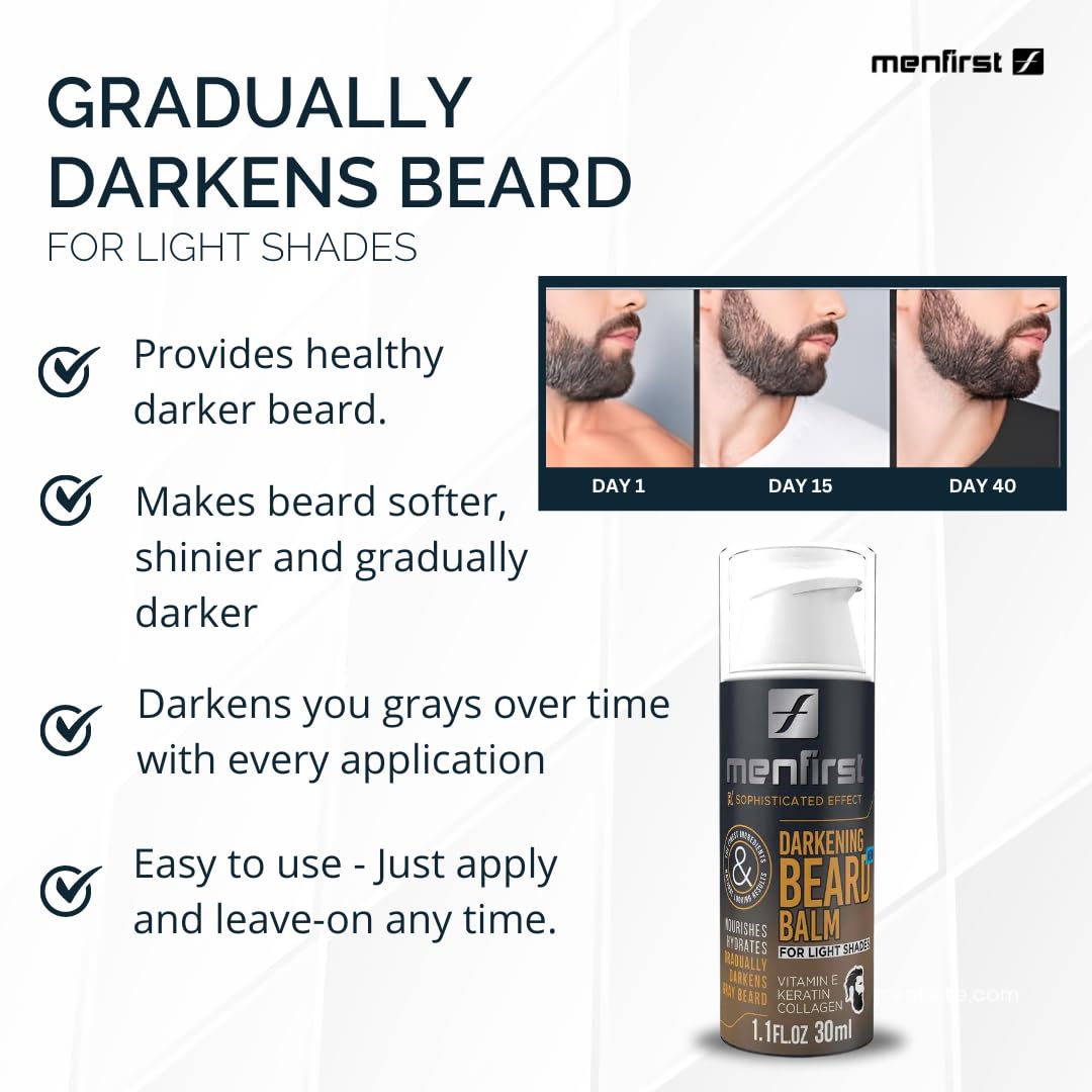 MenFirst Darkening Beard Balm for Sensitive Skin – Gradually Covers & Darkens White Hair, Leave-In Conditioner for Blonde & Light Brown Beards with Keratin, Collagen & Vitamin E (1.1 Fl Oz) – Perfect for Daily Grooming & Styling