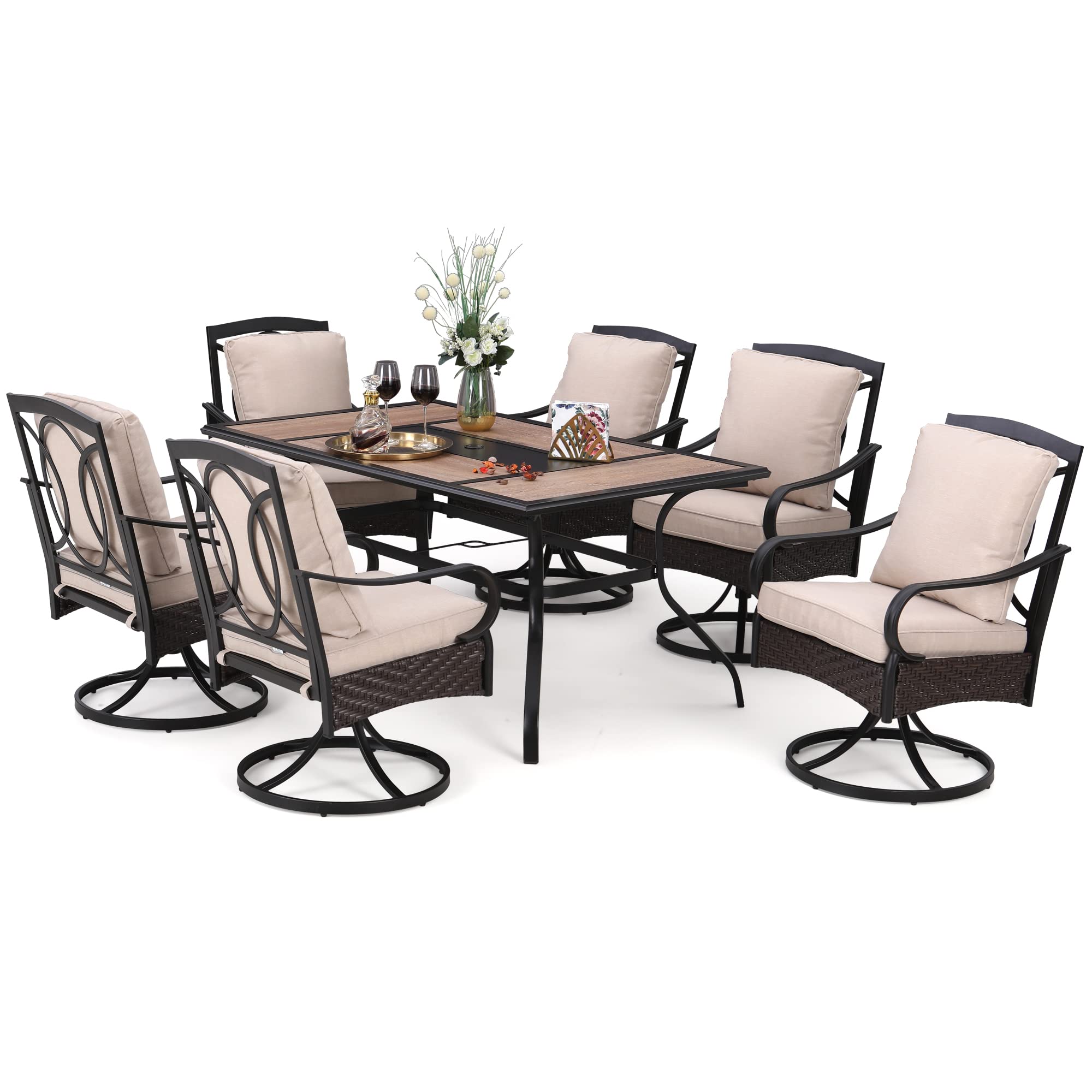 MFSTUDIO 7-Piece Patio Dining Set - Outdoor Table & 6 Swivel Chairs with Wood-Like Table & Umbrella Hole | Durable Metal Furniture for Backyard, Garden, Poolside & Patio Relaxation