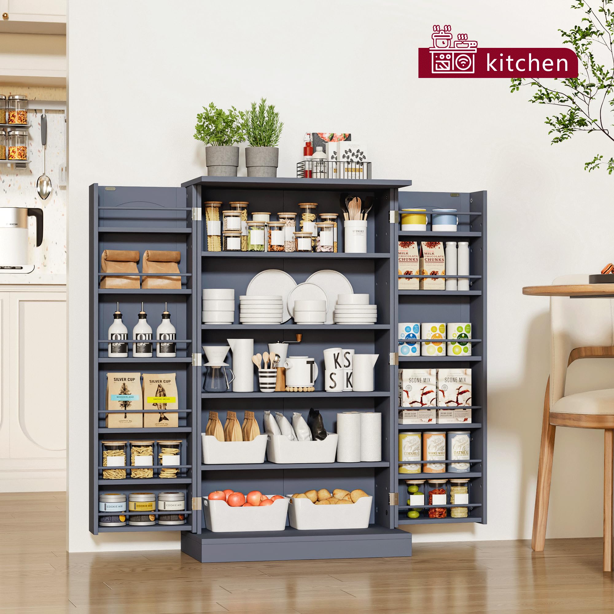HOME BI Kitchen Pantry Cabinet - Grey Storage Cupboard with Doors & Adjustable Shelves for Kitchen, Dining Room & Living Room - Perfect for Organizing Spices, Dishes & Home Essentials