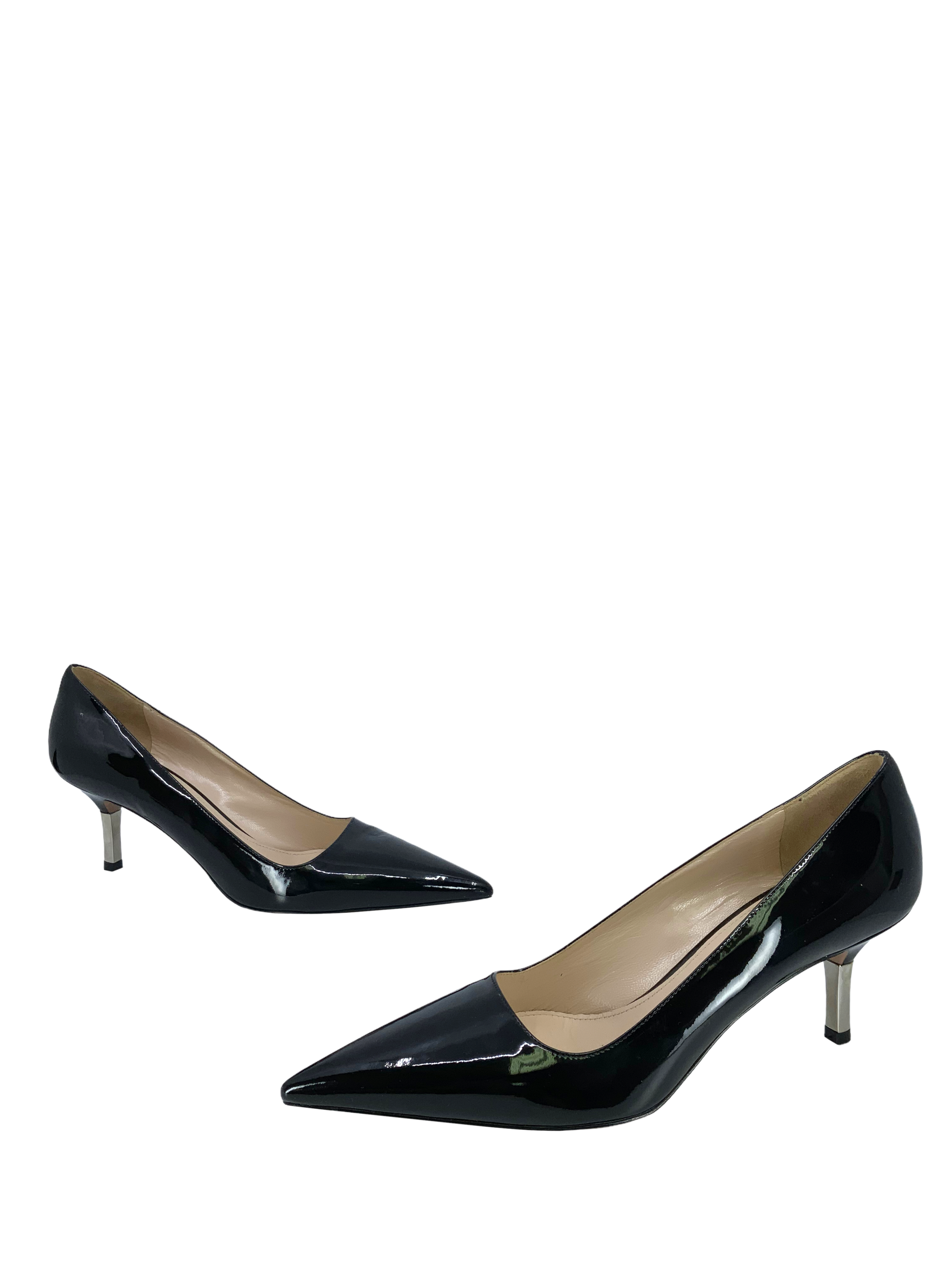 PRADA Women's Patent Leather Pointed Toe Pumps with Metal Heel - Size 7.5 | Luxury High Heels for Office, Party & Formal Events