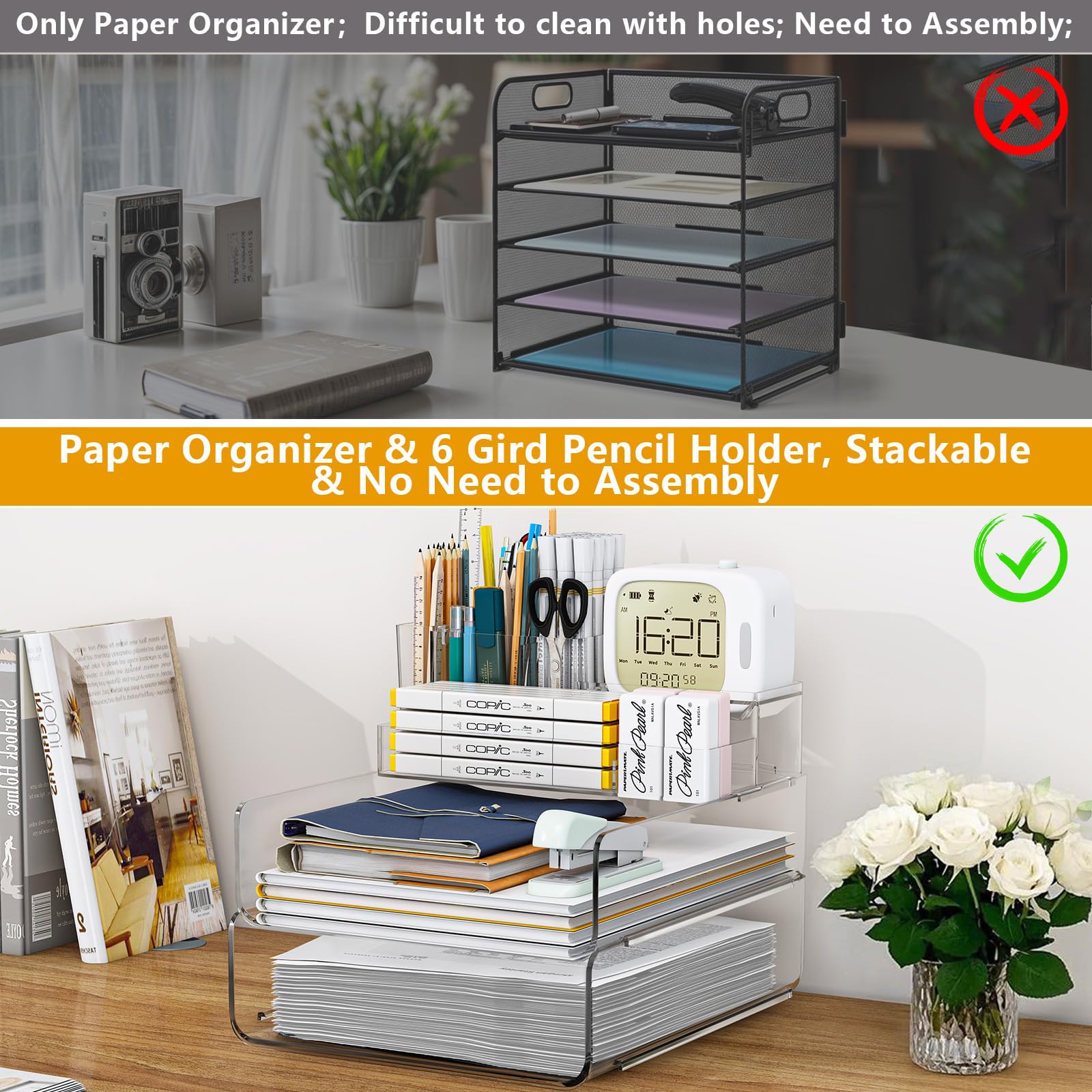 Acrylic Stackable Desk File Organizer with 5-Grid Tray & Pencil Holder - Clear Paper Letter Tray for Office, School, Home - Perfect for Files, iPad, Mail, and Small Items Storage