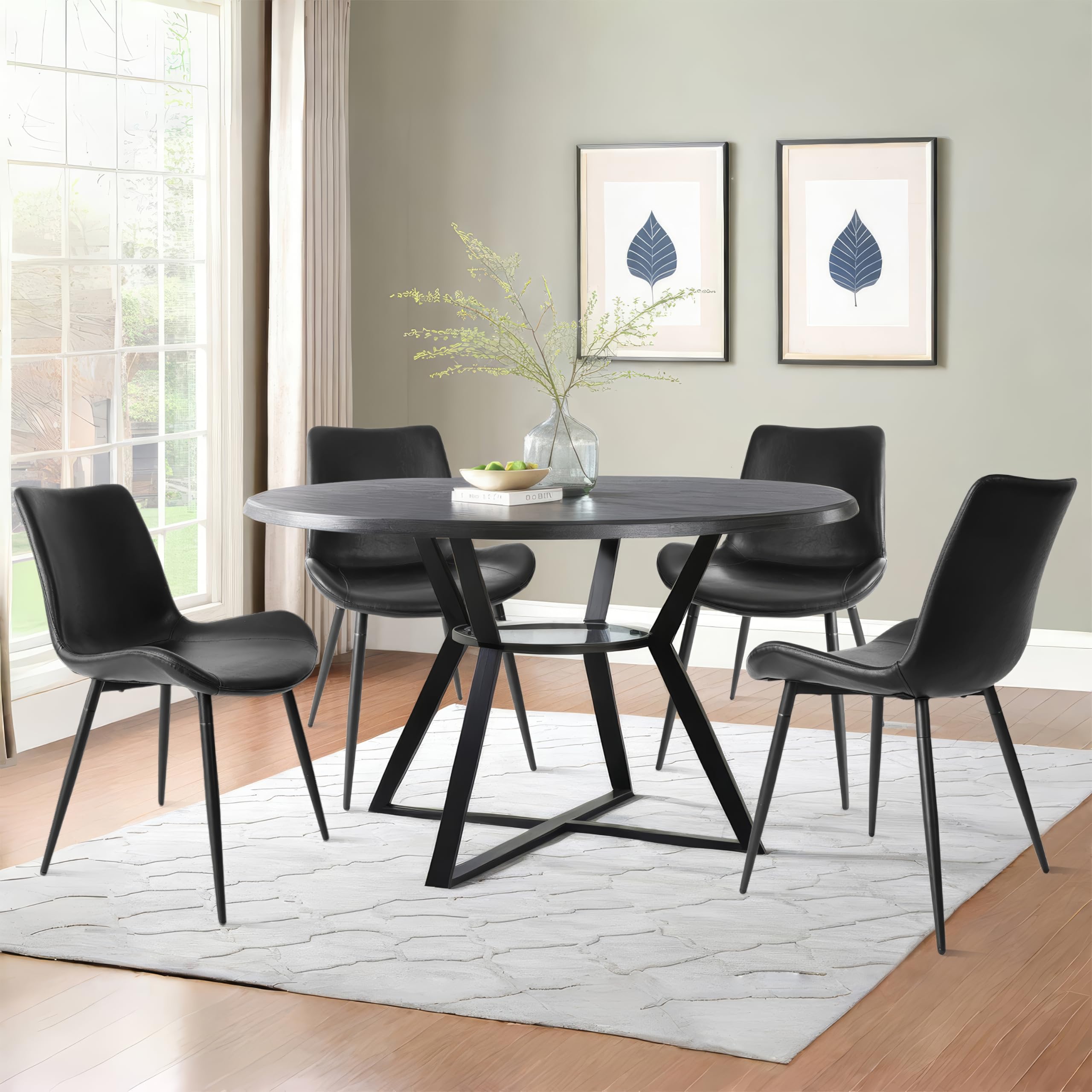 Modern Black Faux Leather Dining Chairs Set of 4 - Armless Upholstered Kitchen Side Chairs with Soft Backrest & Sturdy Metal Legs for Dining Room, Living Room, Office, Restaurant | Comfortable Seating for Family Meals, Entertaining Guests & Home Decor