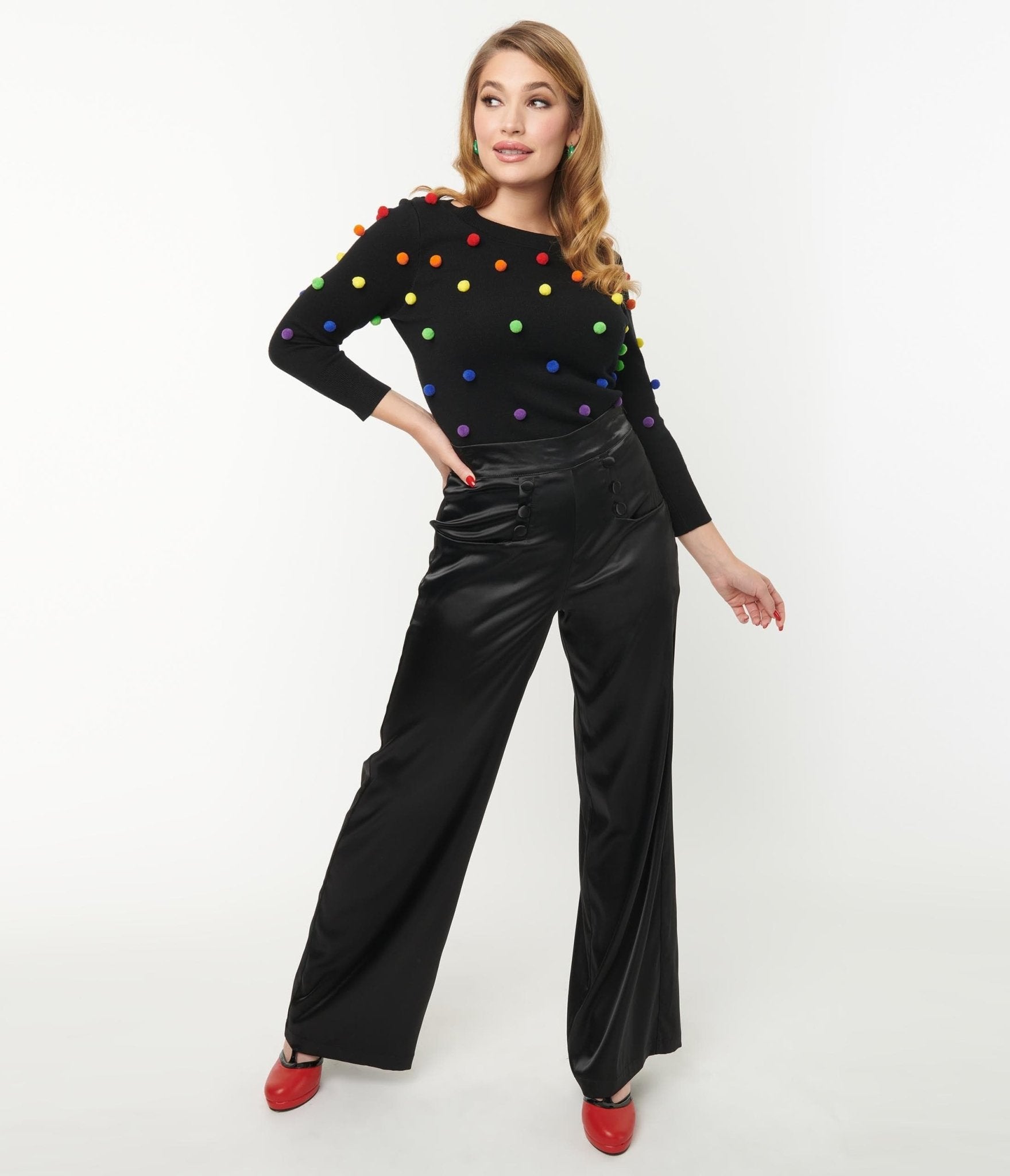 Vintage 1940s Black Satin High Waist Ginger Pants - Retro Women's Trousers for Swing Dancing, Cosplay & Everyday Elegant Outfits
