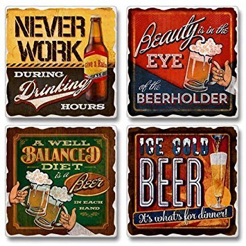 Eye Of The Beerholder - Set of 4 Square Tumbled Stone Coasters for Drinks | Natural Stone Drink Coasters for Beer, Wine & Cocktails | Perfect for Home Bar, Kitchen & Outdoor Entertaining
