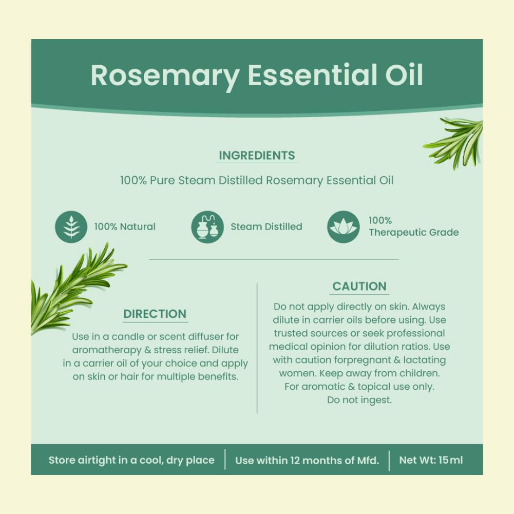 Nat Habit 100% Pure Rosemary Essential Oil - 15ml for Aromatherapy, Hair Growth & Relaxation - Perfect for Diffusers, Massage & DIY Skincare