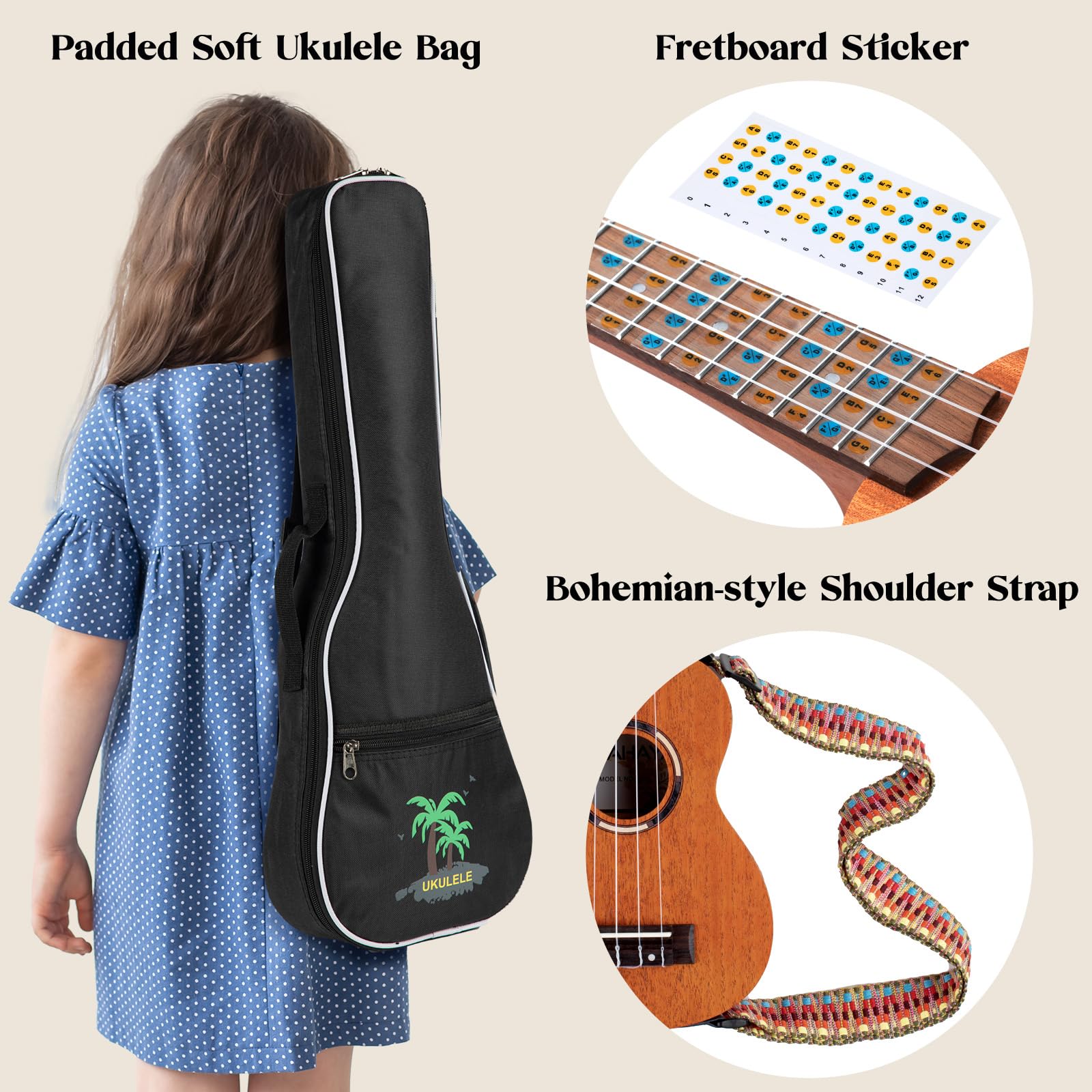 CAHAYA Soprano Ukulele for Beginners - 21 Inch Mahogany Ukulele Starter Kit with Carrying Bag, Shoulder Strap & Fretboard Stickers - Perfect for Adults & Kids Learning to Play | Great for Music Lessons, Travel & Family Bonding