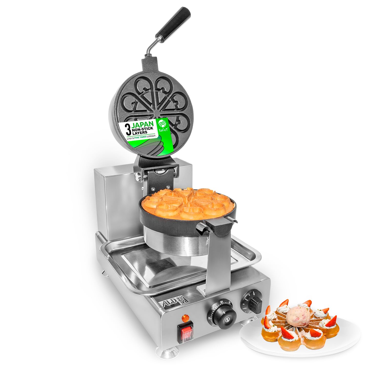 ALDKitchen Belgian Waffle Maker with Rotating Function - Thick Flower-Shaped Waffle Iron Machine, Stainless Steel, 110V for Home & Cafe Use - Perfect for Breakfast, Brunch, and Dessert Making