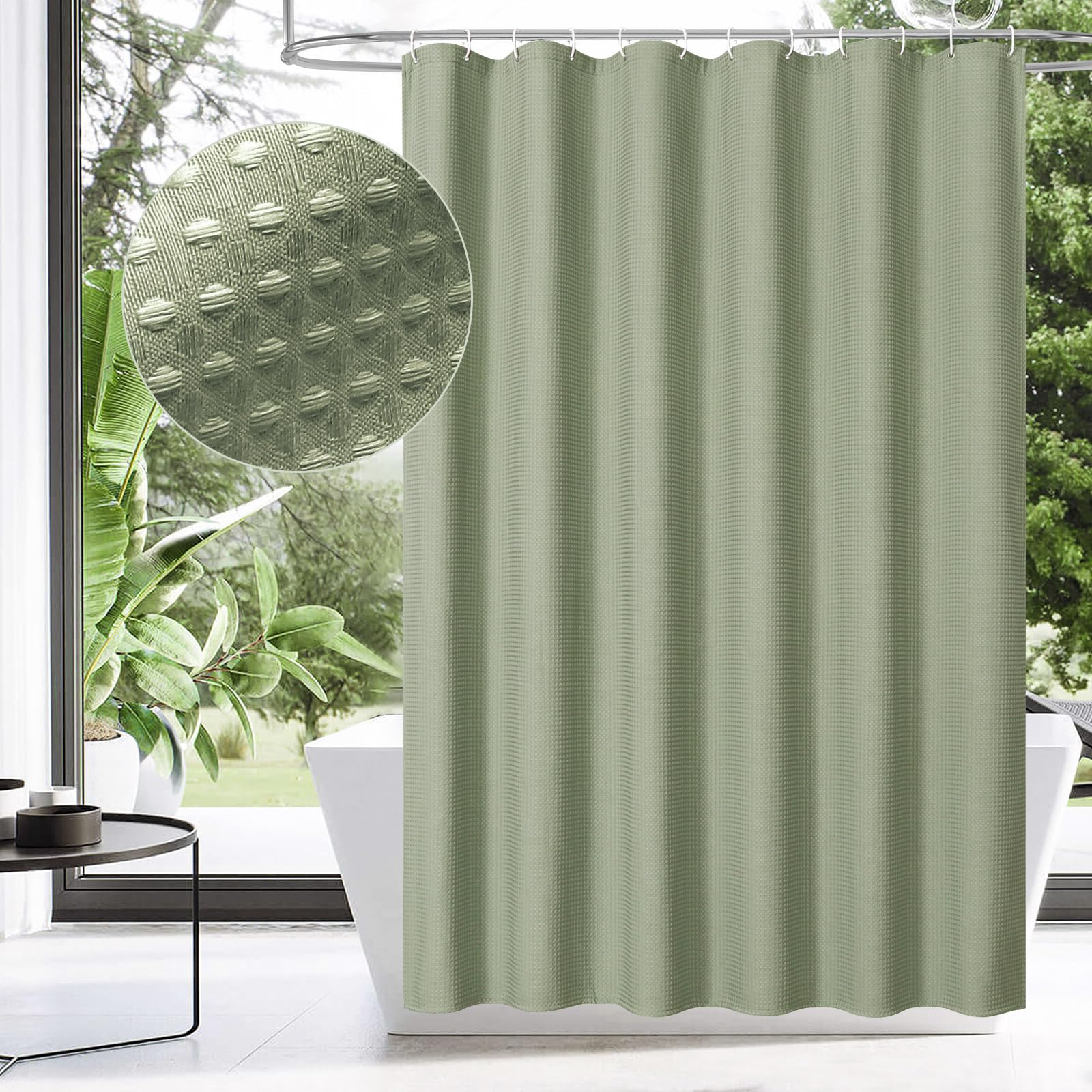 MitoVilla 72 x 78 Inch Waffle Weave Shower Curtain Set - Sage Green Fabric Bathroom Curtain with Rustic Farmhouse Design, Luxury Hotel Style Cloth Shower Curtain for Spa-Like Bathroom Decor (Perfect for Master Bath, Guest Bath & Vacation Homes)