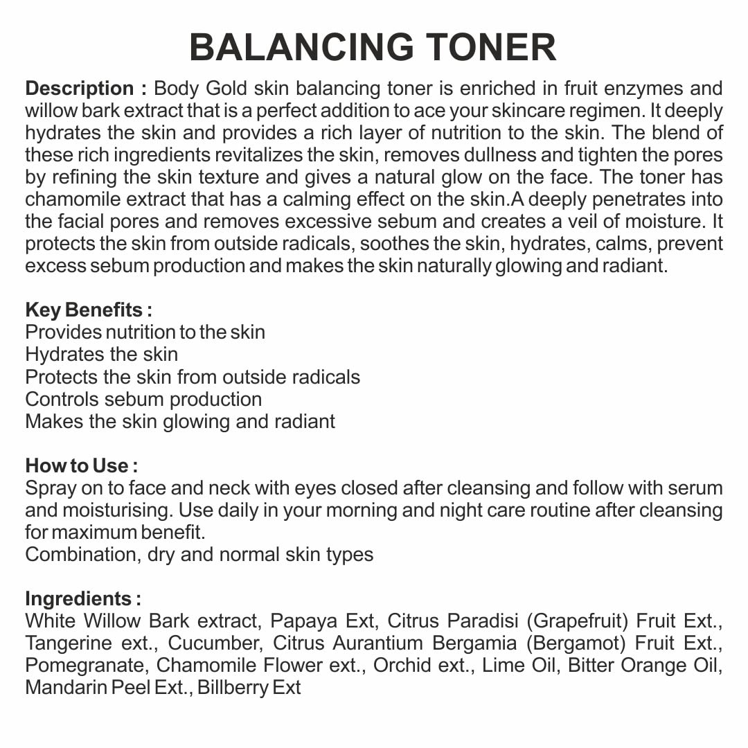 Body Gold Balancing Toner - Skin Balancing Facial Toner with Fruit Enzymes & Willow Bark Extract (100ml) | Hydrating, Soothing & Clarifying for All Skin Types | Perfect for Daily Skincare Routine & Post-Cleansing Treatment