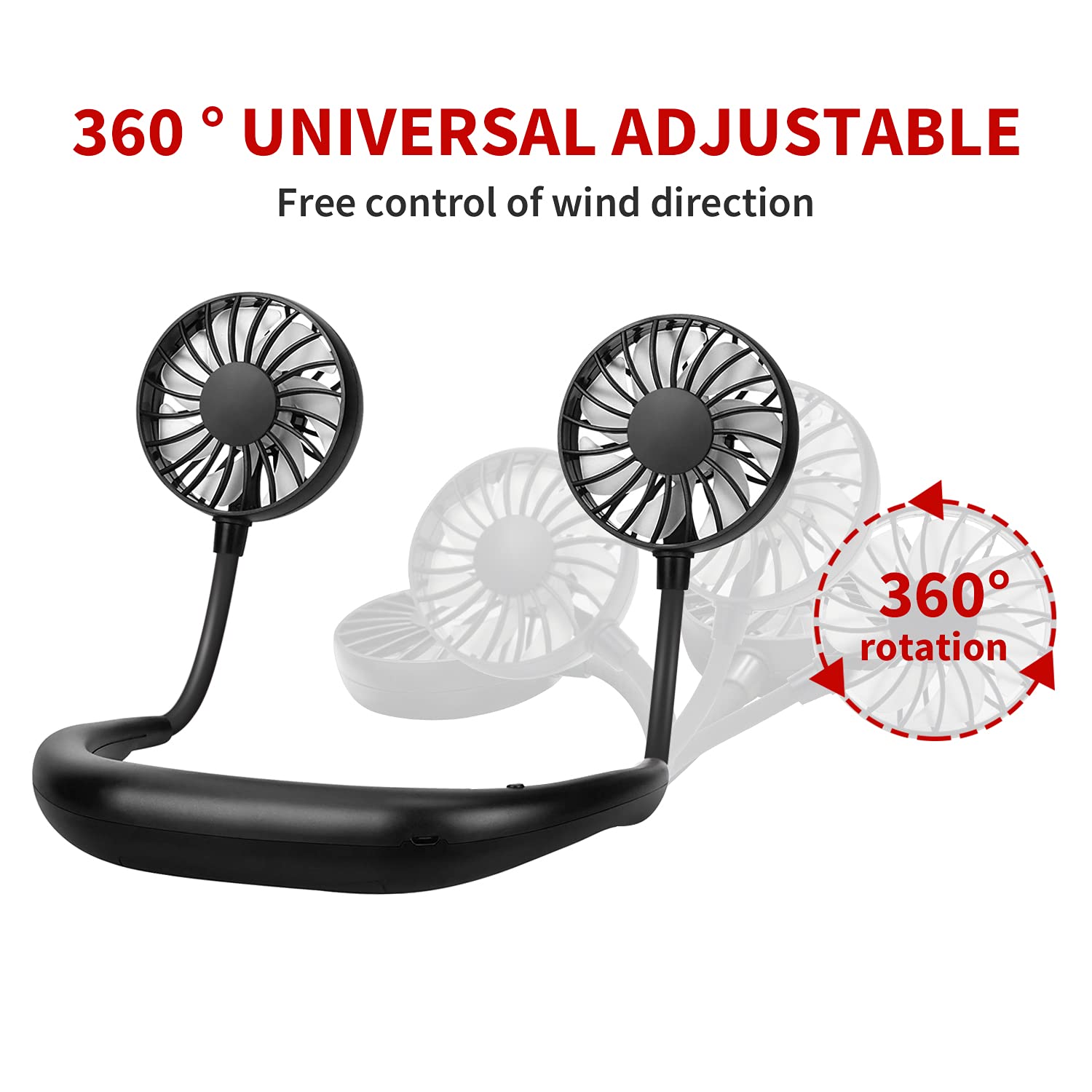 Portable Neck Fan Rechargeable - Hands-Free Personal Cooling Fan with USB Charging, 3 Speed Adjustable & 360° Rotation - Wearable Neckband Fan for Sports, Office, Travel, Reading & Outdoor Activities (Black)