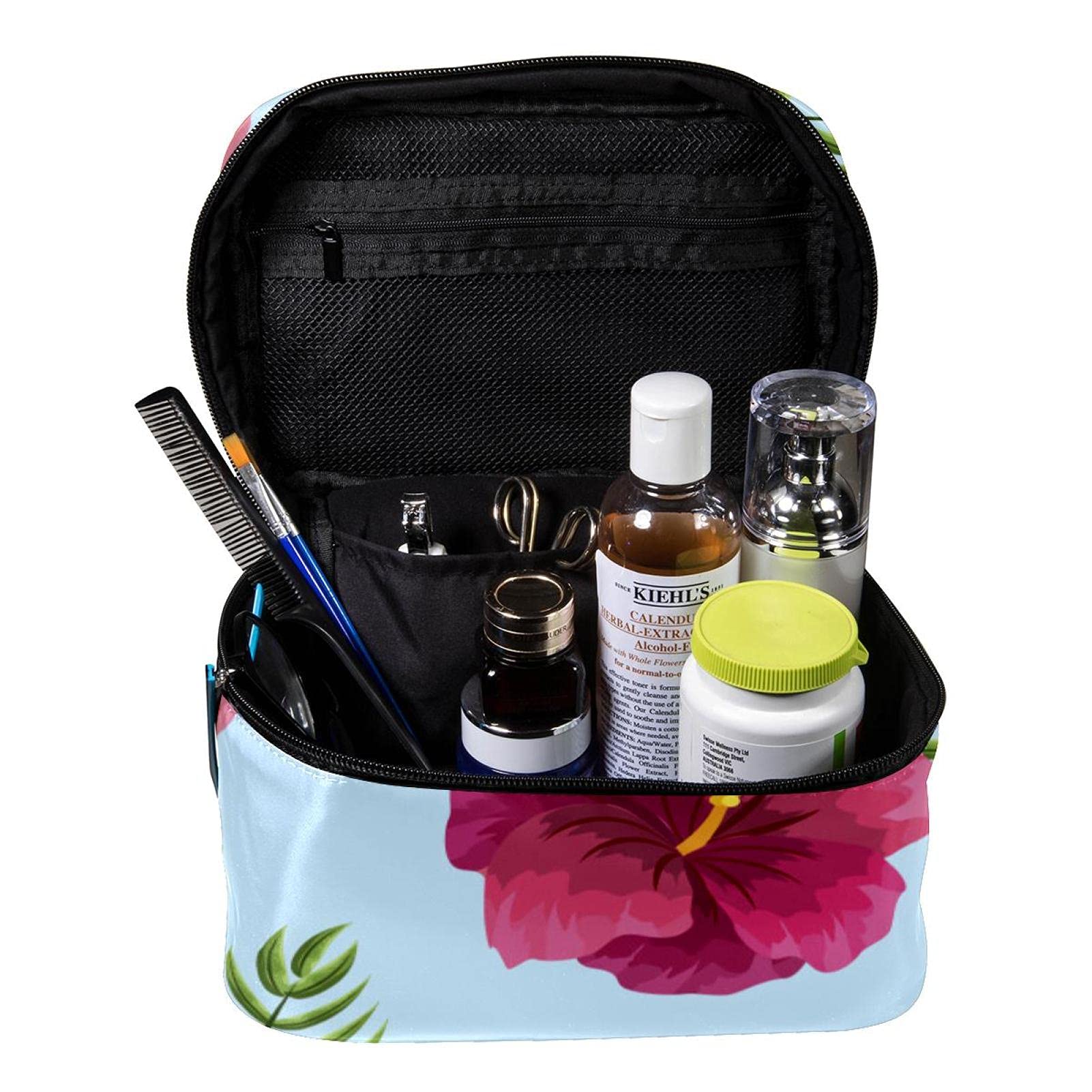 **Pink Flamingo Print Large Travel Makeup Bag with Green Leaves - Waterproof Cosmetic Organizer Case for Women & Girls - Perfect for Vacations, Gym, and Daily Essentials Storage**