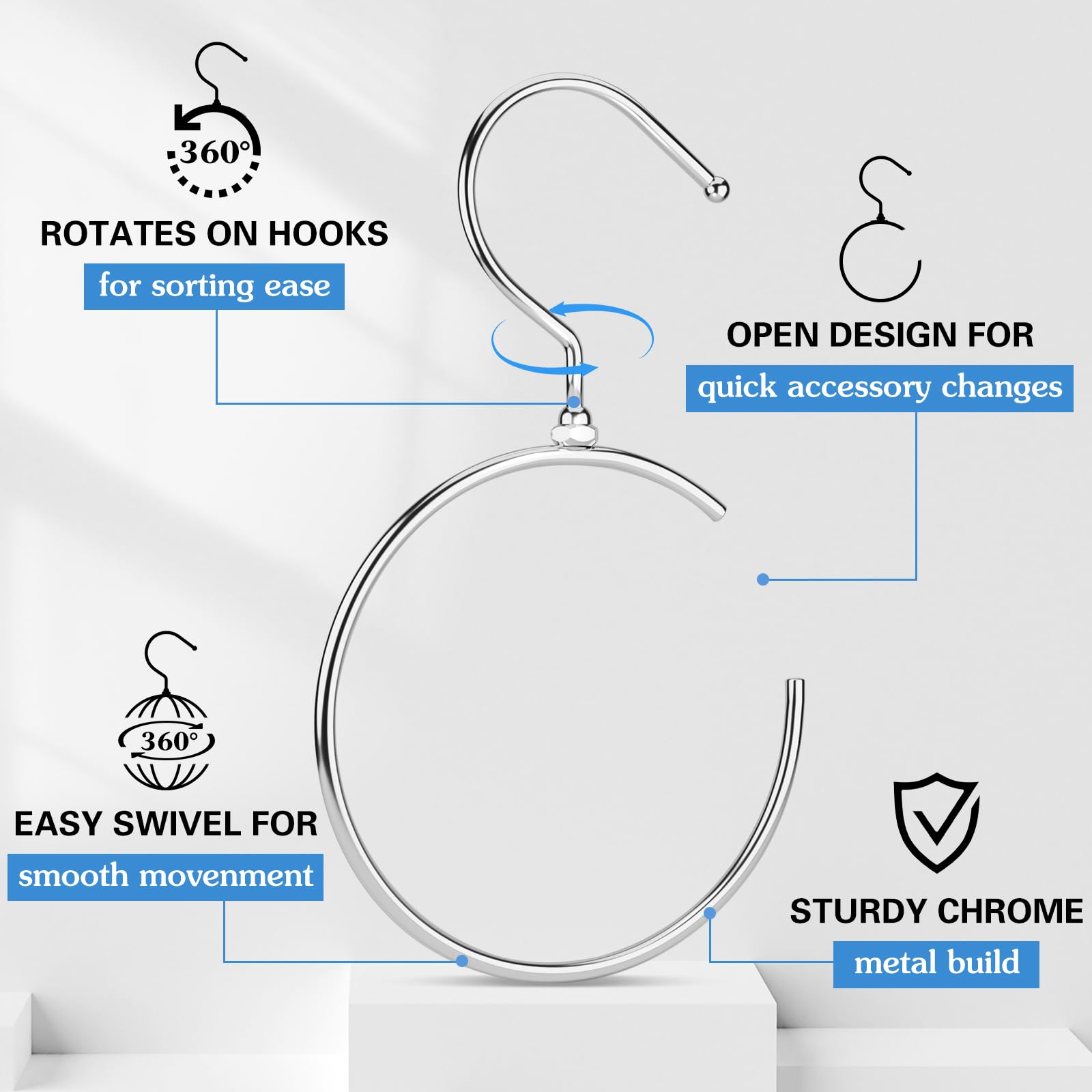 4 Pack Rotatable Belt Hangers for Closet - Space Saving Belt & Tie Organizer with 360° Swivel Hooks for Belts, Ties, Scarves, Baseball Caps - Silver Wardrobe Accessory Storage (Perfect for Closet, Bedroom & Dorm Organization)