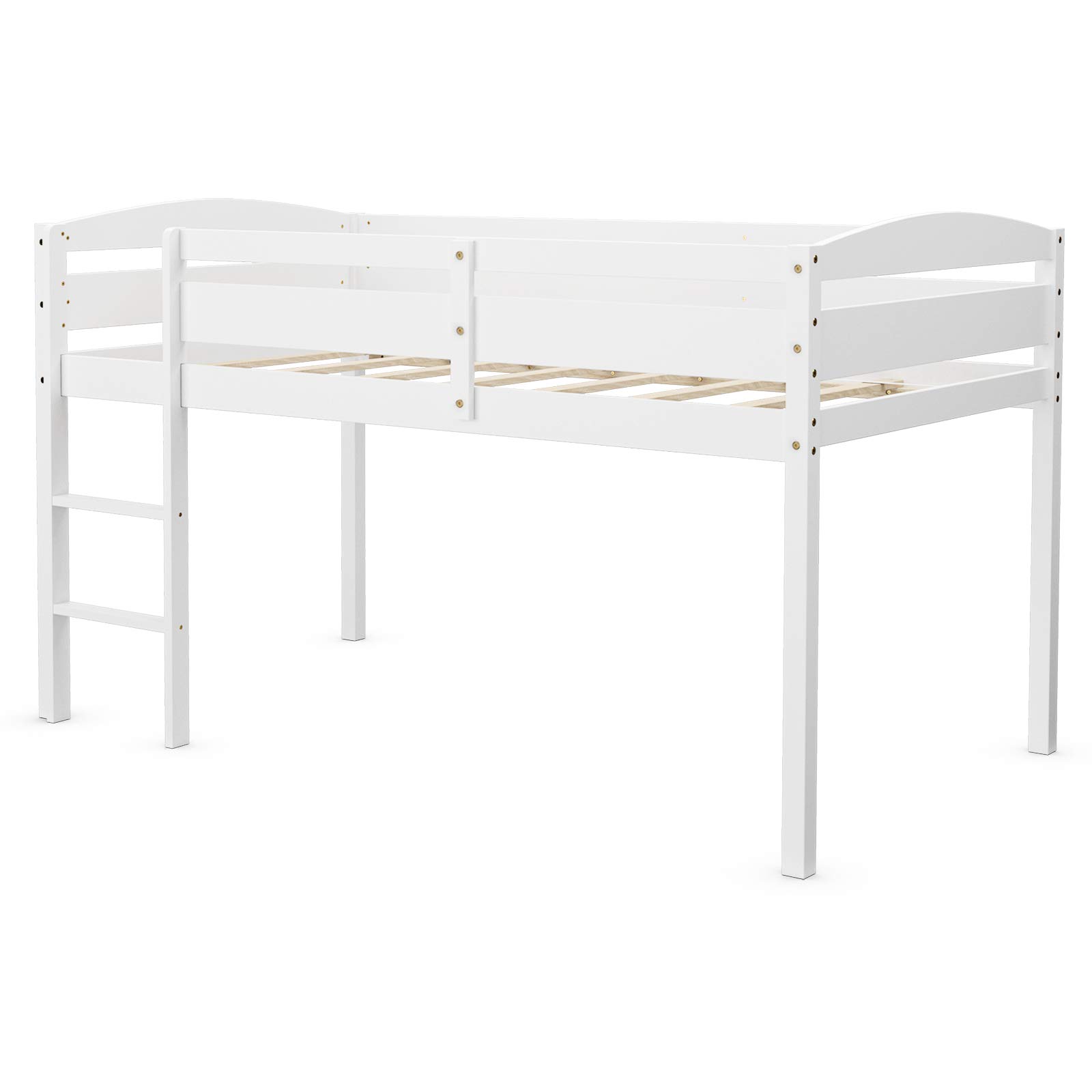 Costzon Twin Loft Bed with Guard Rail & Ladder - Solid Wood Low Loft Bed for Kids, No Box Spring Needed - Classic White Children's Bed with Storage - Perfect for Small Bedrooms, Dorm Rooms & Kids' Sleepovers