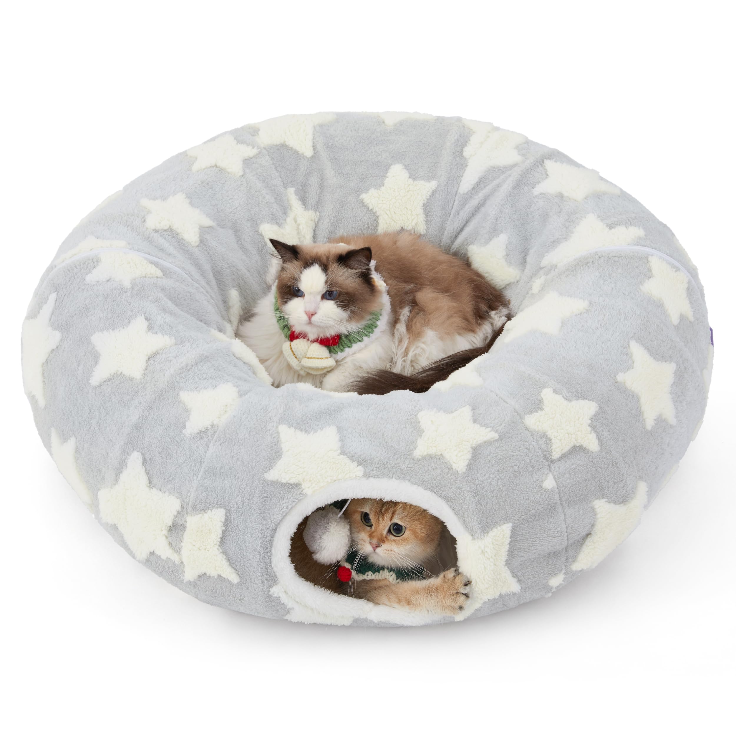 Lesure Cat Tunnel Bed for Indoor Cats - Washable Donut Tunnel with Cushion, Round Peekaboo Hideaway Toy for Kittens, Puppies & Rabbits (Grey) - Perfect for Playtime & Nap Time