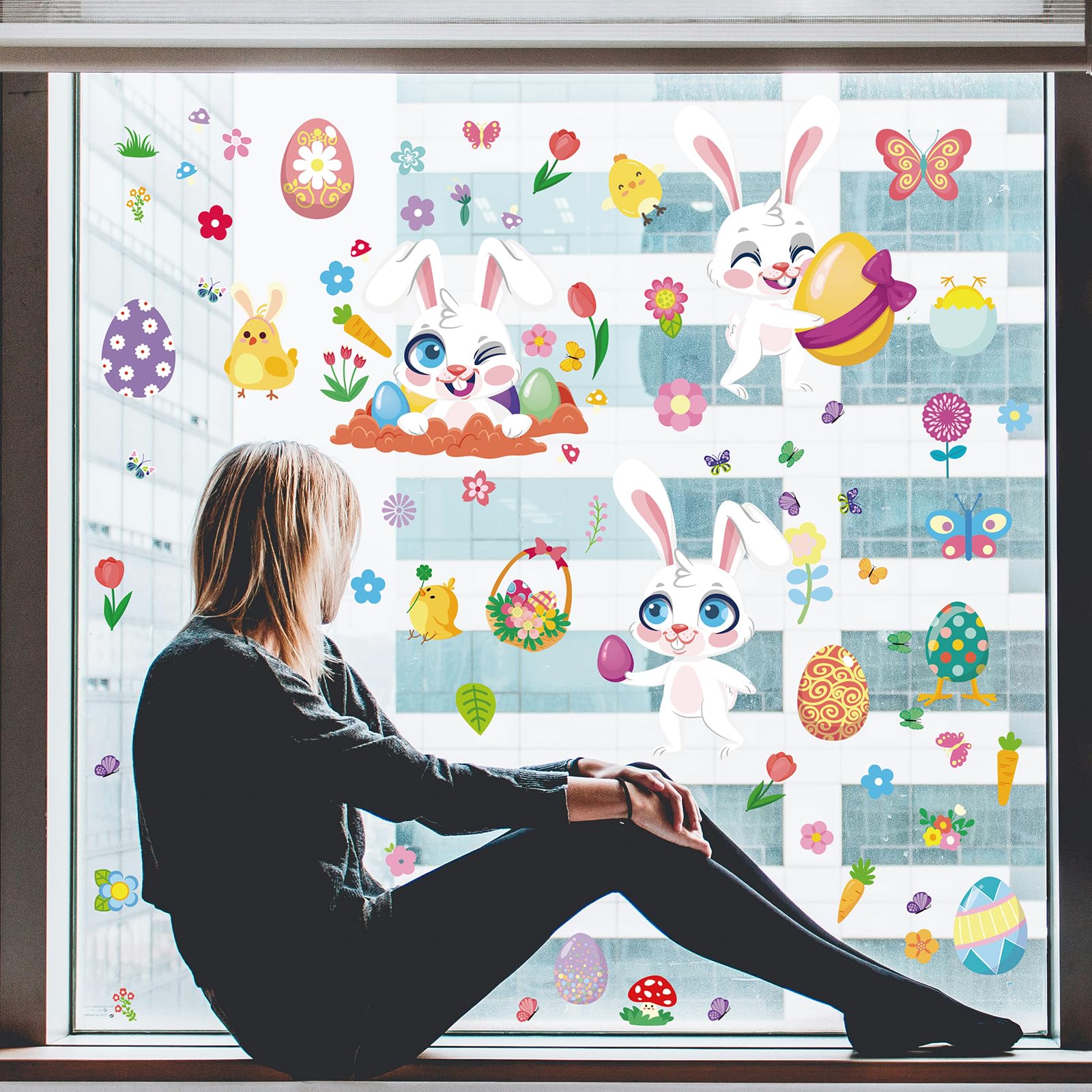 12 Sheets Easter Window Clings - 366 Reusable Double-Sided Static Window Stickers for Holiday Home Decor | Large 12x9 Inch Easter Decals for Glass Windows, Classroom, Office | Perfect for Spring Decorations, Easter Party, and Classroom Activities