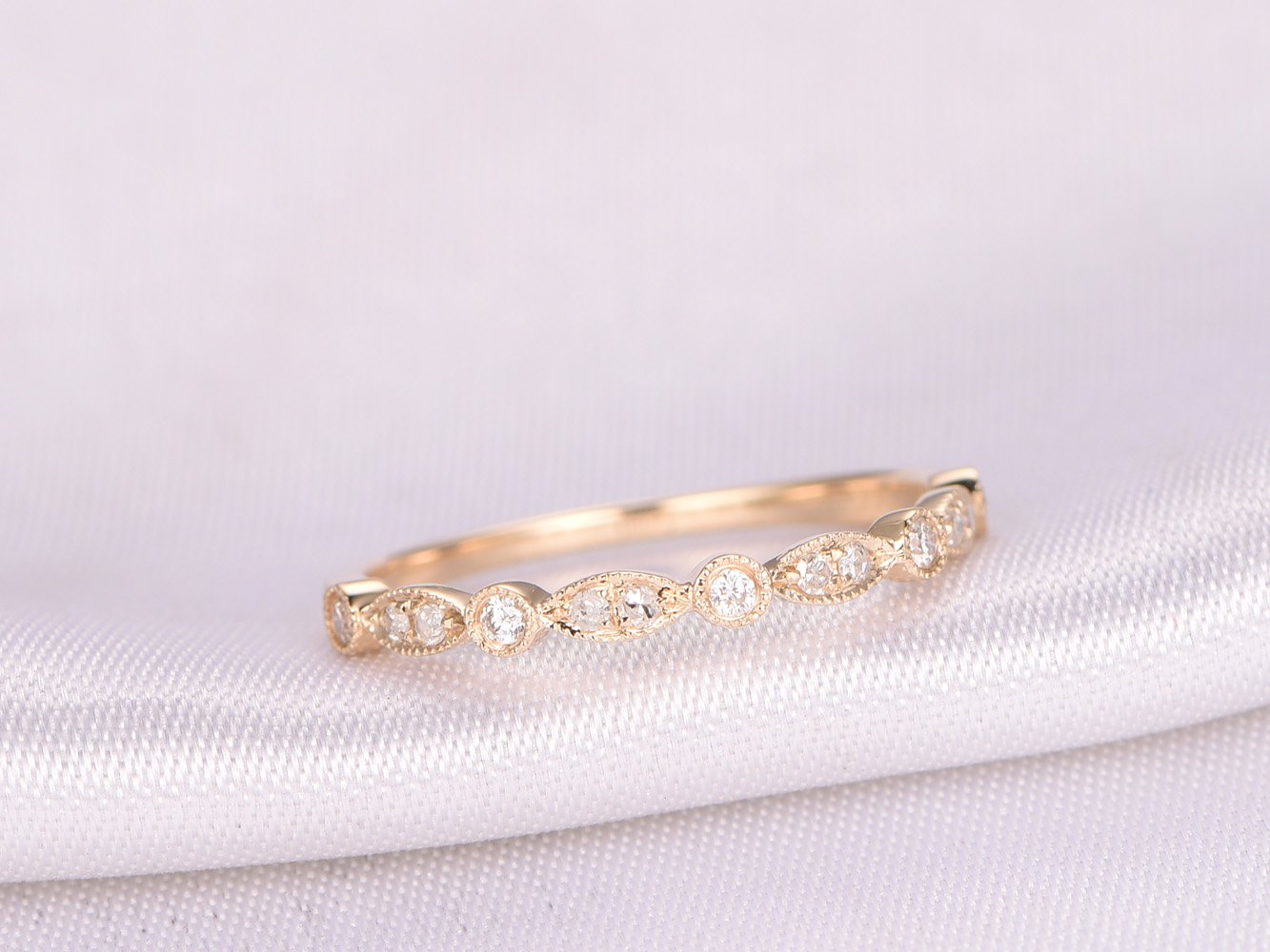14K Yellow Gold Half Eternity Wedding Band - Micro Pave Diamond Engagement Ring for Women - Stackable Ring for Bridal Sets, Anniversary & Everyday Wear