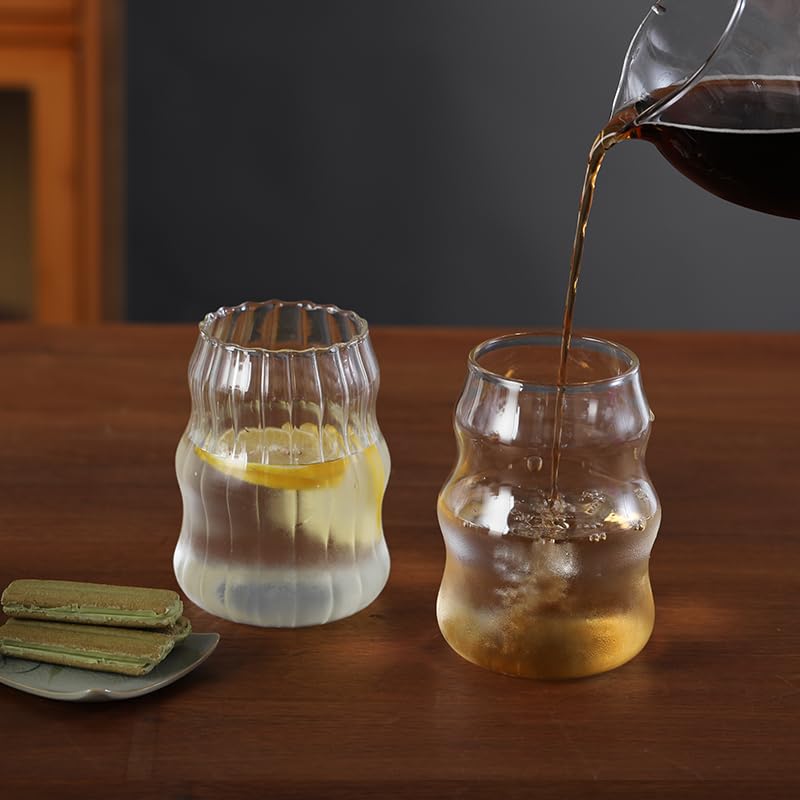 2 Pack Vintage Ribbed Glass Cups - 18oz Wave Design Bubble Drinking Glasses for Iced Coffee, Juice, Milk, Cocktails & Bubble Tea | Durable Barware for Home, Cafe & Party Use