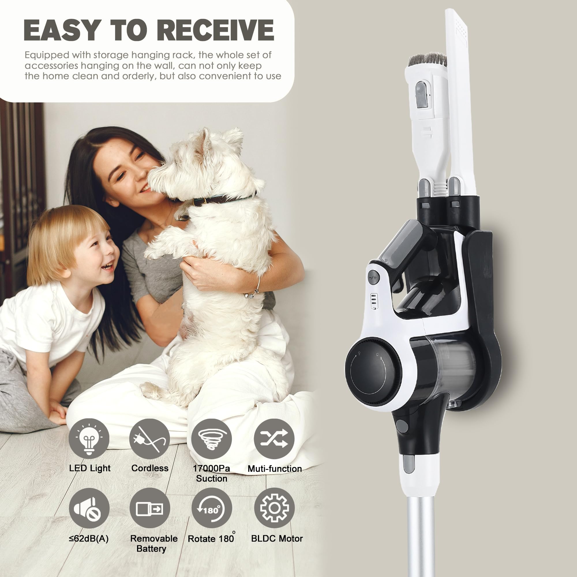 6-in-1 Cordless Vacuum Cleaner with 250W Brushless Motor | Lightweight Stick Vacuum with LED Display | Wireless Rechargeable for Hard Floors & Pet Hair | Perfect for Home Cleaning & Pet Owners (White)