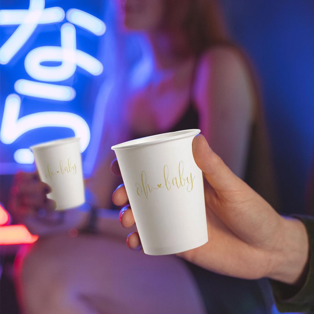 Oh Baby Disposable Paper Party Cups - 20 Pack 9oz Gold Heart Design for Baby Shower, Welcome Party & Gender Reveal - Elegant & Eco-Friendly Celebration Cups for Special Occasions