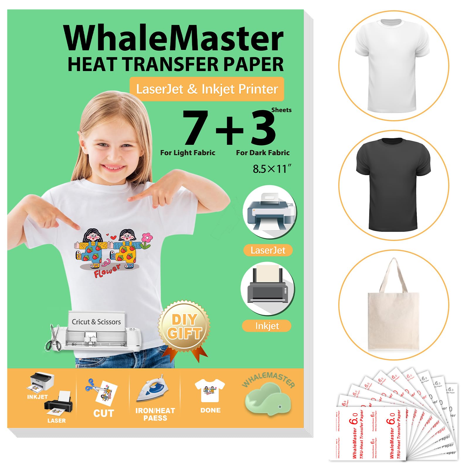 DIY Kids' Heat Transfer Kit - 10 Sheets Iron-on Transfer Paper (7 Light & 3 Dark) 8.5