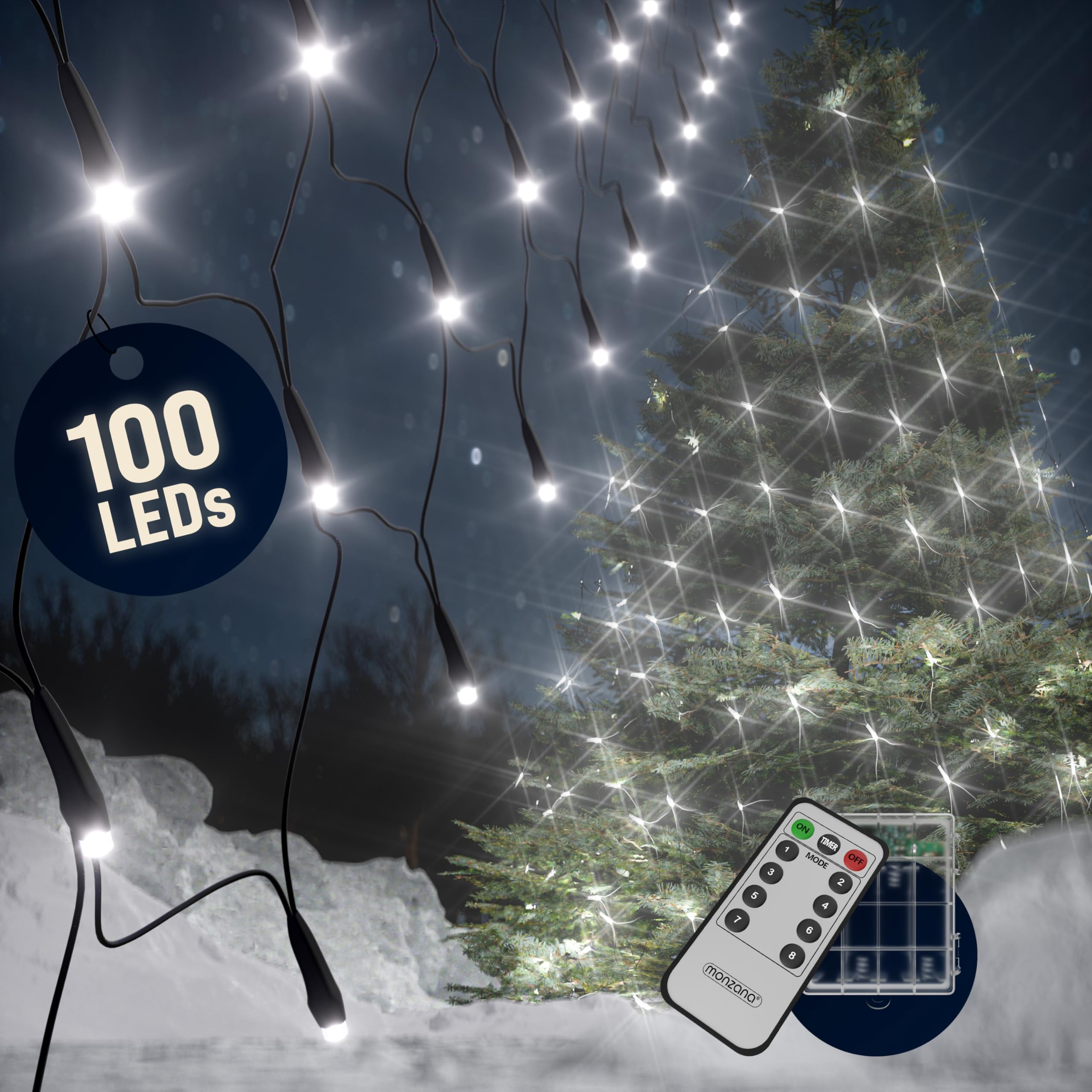 Monzana® 100 LED Fairy Lights with Remote Control, Timer, 8 Lighting Modes & Dimmable - IP44 Waterproof for Indoor/Outdoor Christmas Decorations - 120x120cm White String Lights for Bedroom, Garden, Party, Wedding
