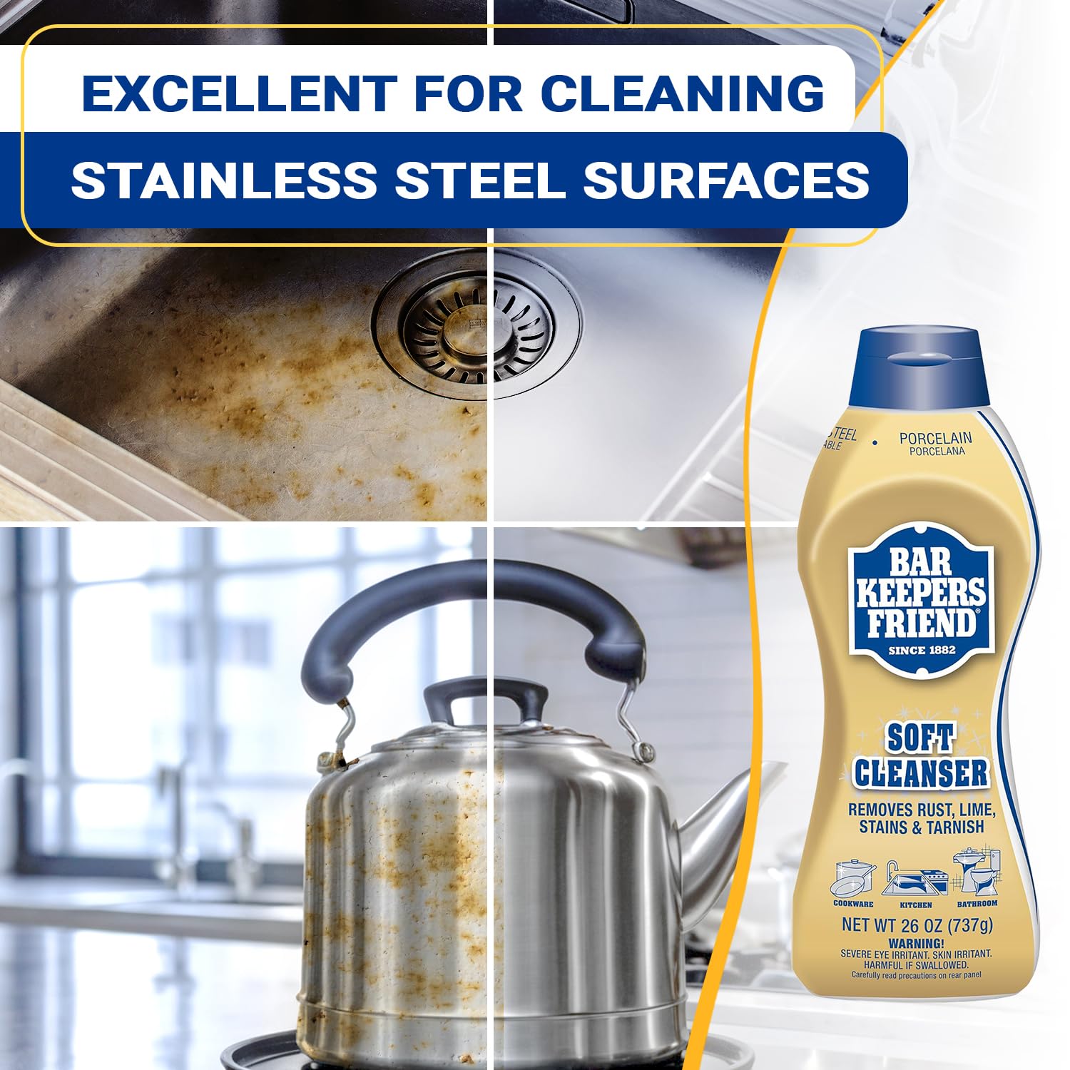 Plexon Barkeeper's Friend Soft Cleanser 26oz & Cleanser Powder 12oz - Multipurpose Kitchen & Bathroom Cleaner, Rust Stain Remover with Grout Brush & Microfiber Towel - Perfect for Stainless Steel, Sinks, Tiles & Cookware Cleaning