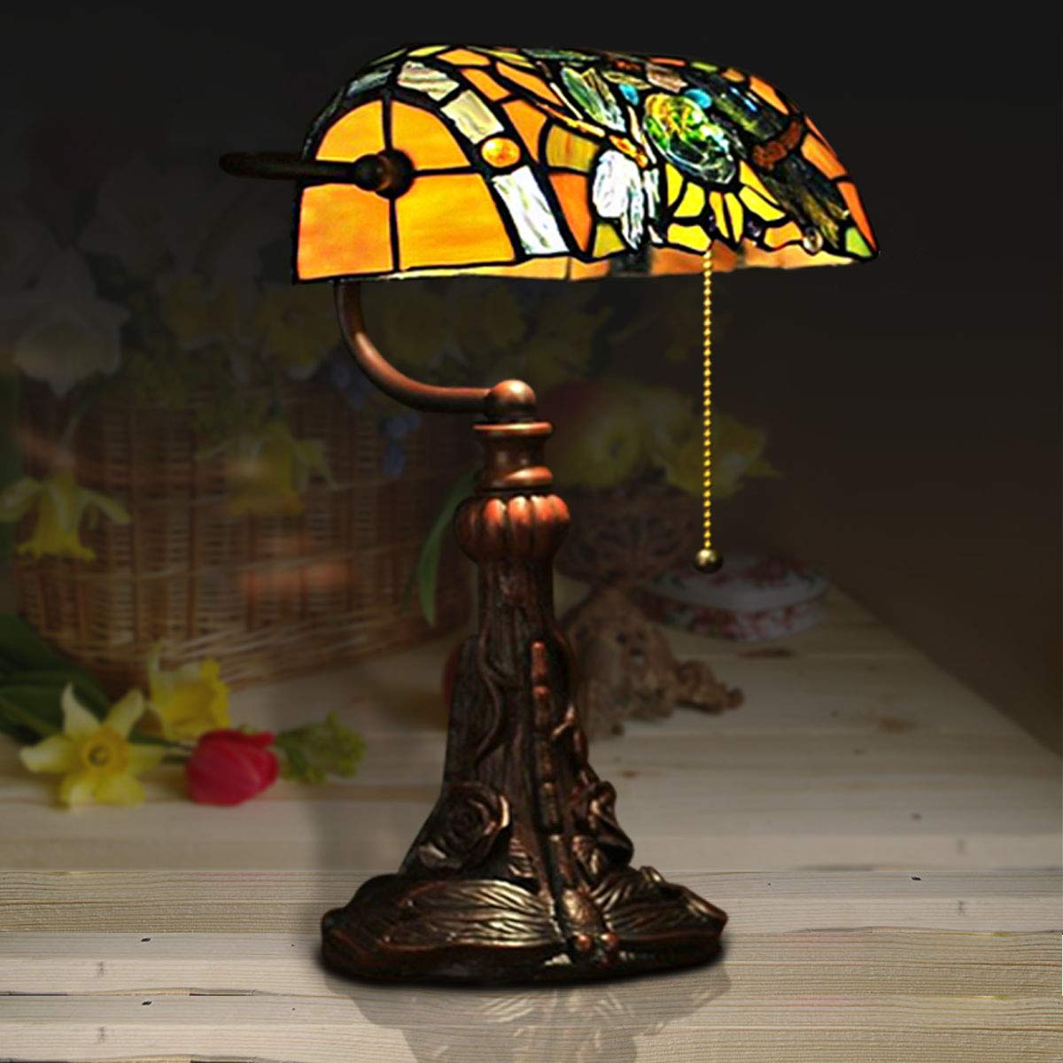 Tiffany Style Stained Glass Table Lamp with Dragonfly Design - 15.5