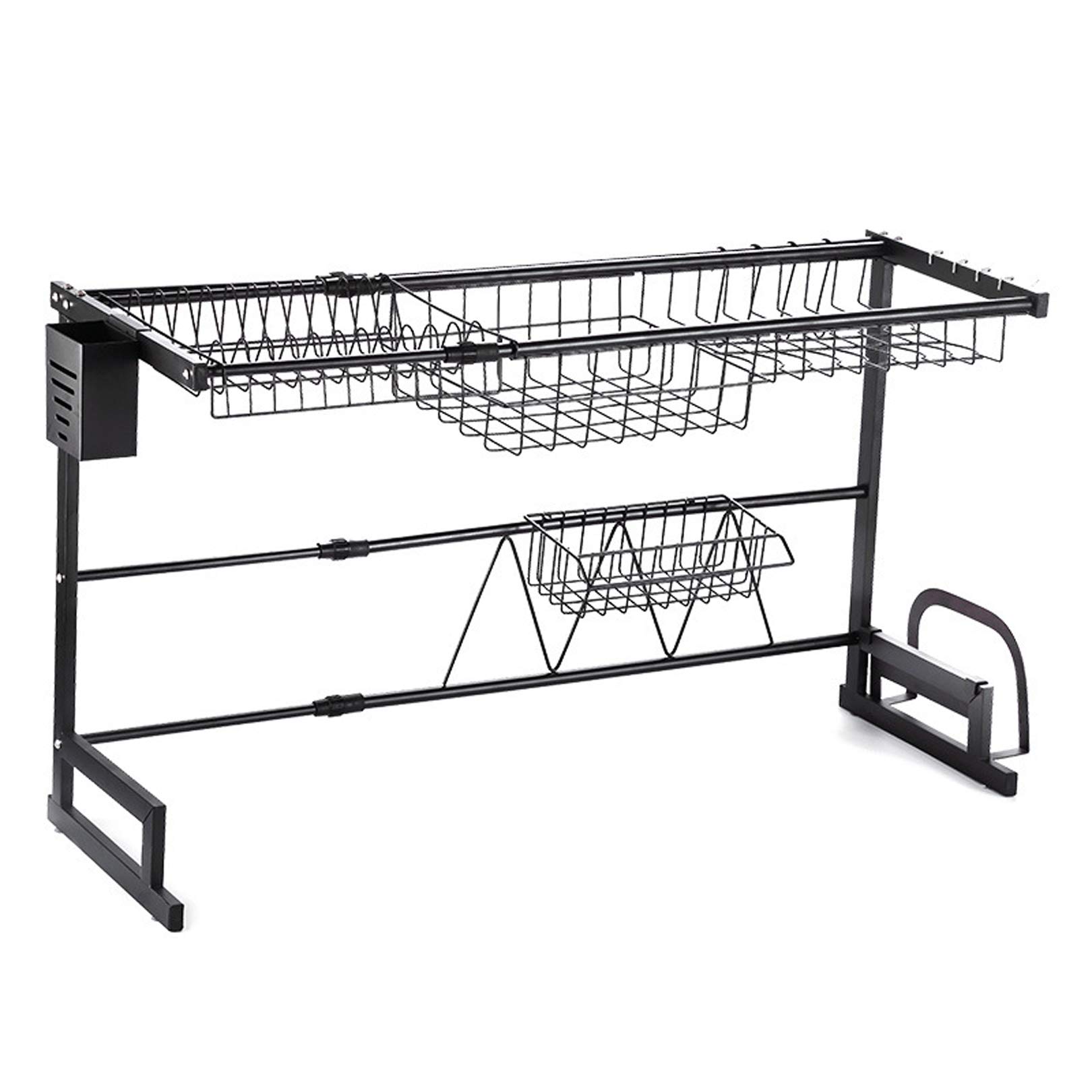 Adjustable Telescopic Stainless Steel Dish Drying Rack - Multifunctional Kitchen Drain Bowl Storage Organizer with Easy Installation (Black) | Perfect for Small Spaces, Countertop & Cabinet Organization