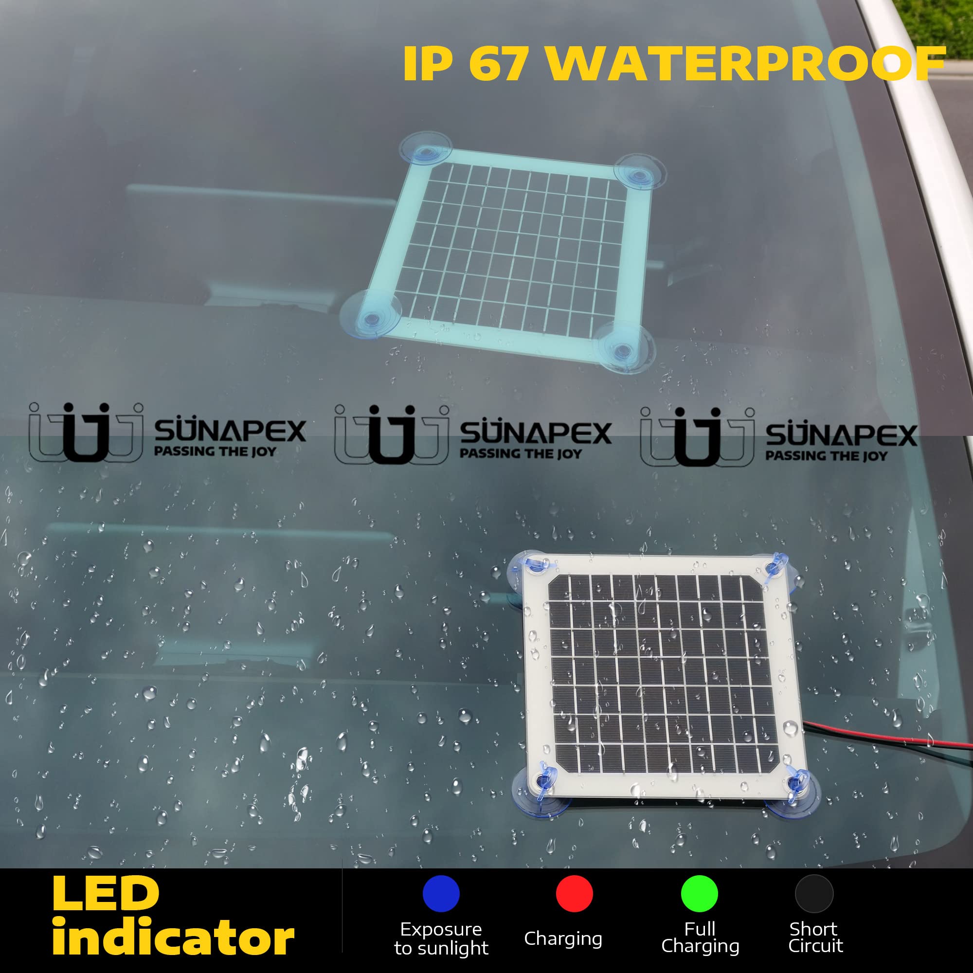 SUNAPEX 5W 12V Solar Battery Charger - Waterproof for Car, Boat, RV