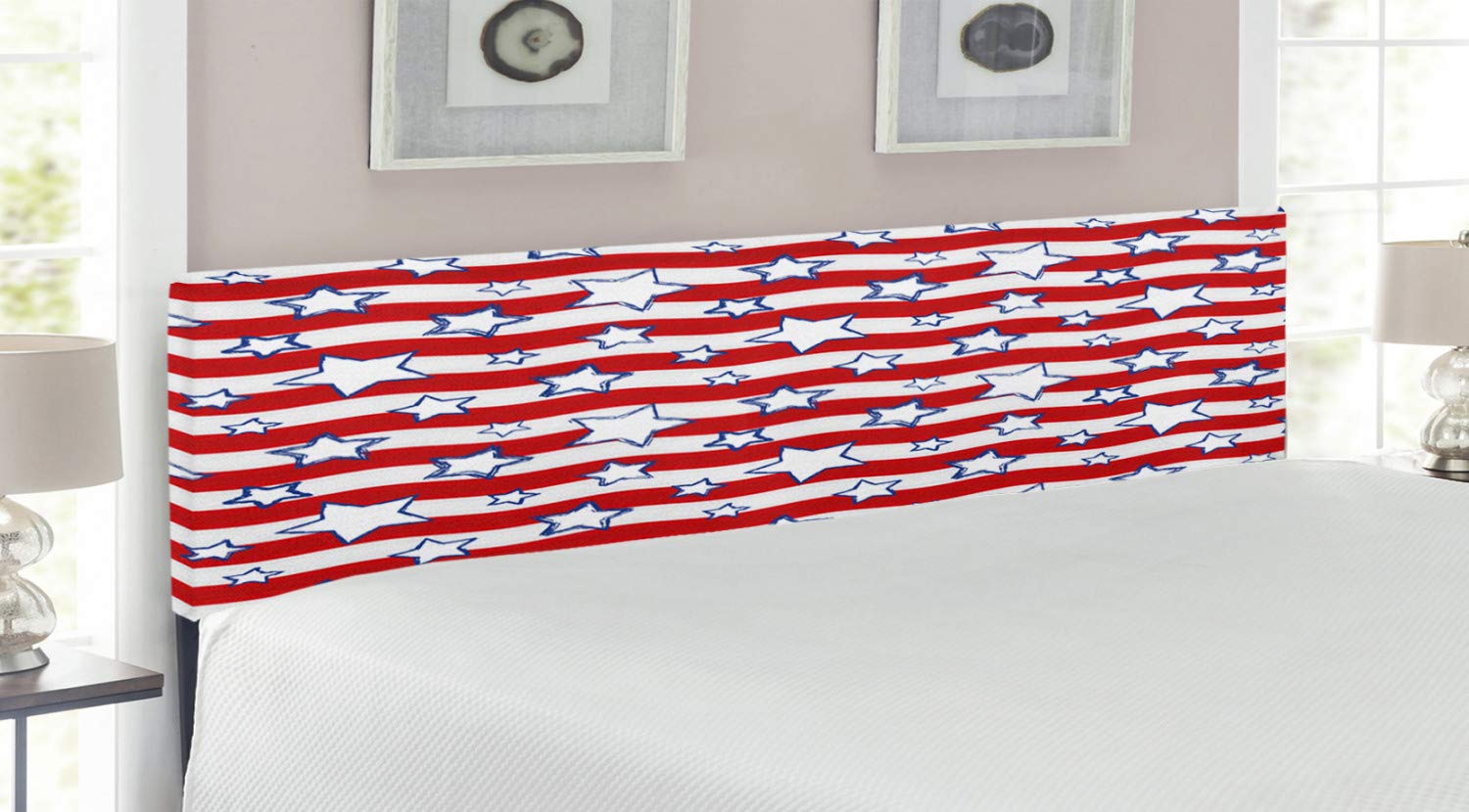Ambesonne USA King Size Upholstered Headboard with Memory Foam - Wavy Bands & Stars Design in Red, Navy Blue & White | Decorative Metal Bed Headboard for Master Bedroom, Guest Room & Home Decor