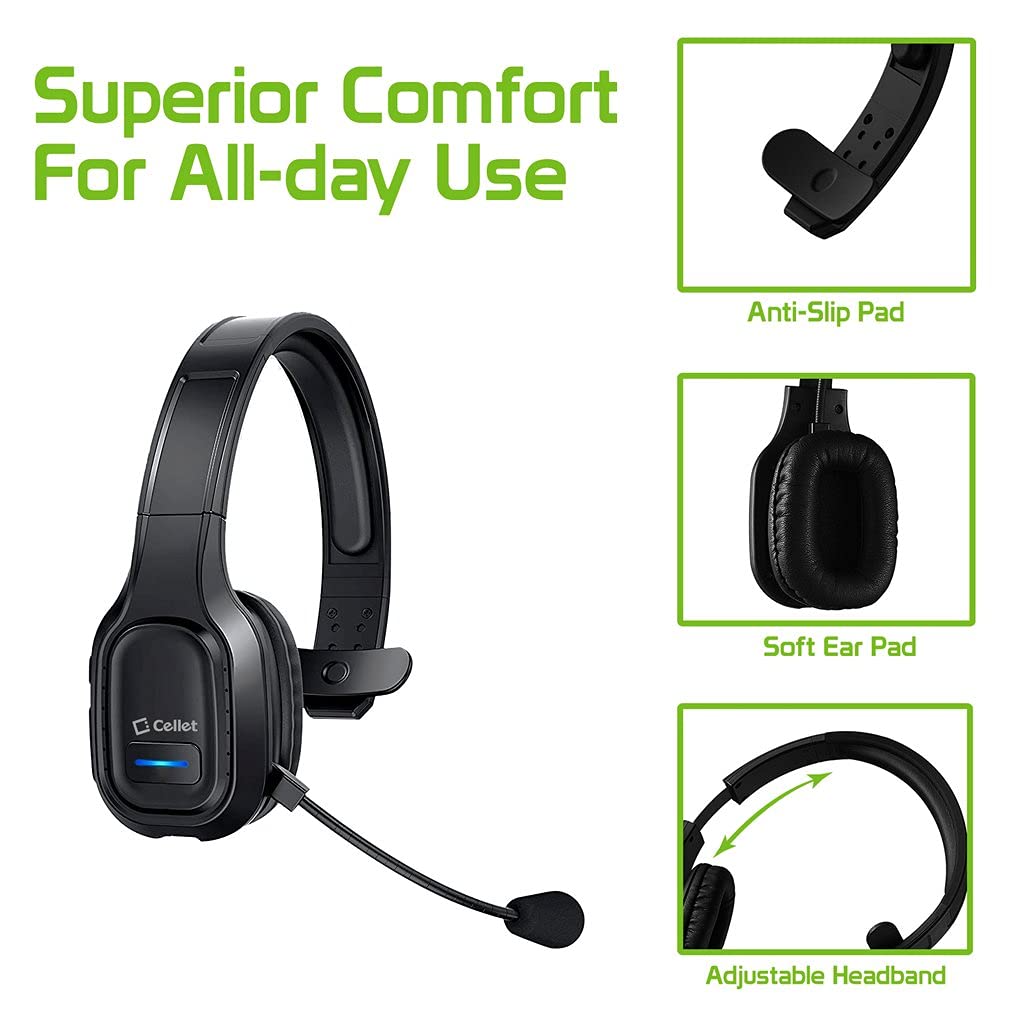 Wireless Bluetooth Headset with Boom Mic for Alcatel A30 - Dual V5.0 Bluetooth & 3.5mm Backup Cable - Noise Cancelling for Truck Drivers & Office Calls (Black) | Perfect for Long Haul Driving & Remote Work