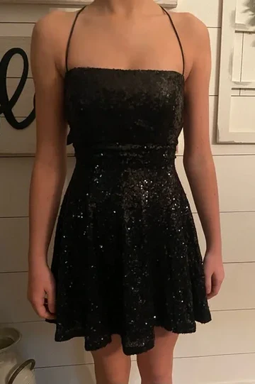 Elegant Black A-Line Sequined Sleeveless Short Homecoming Dress J6962 - Perfect for Prom, Party, and Special Occasions