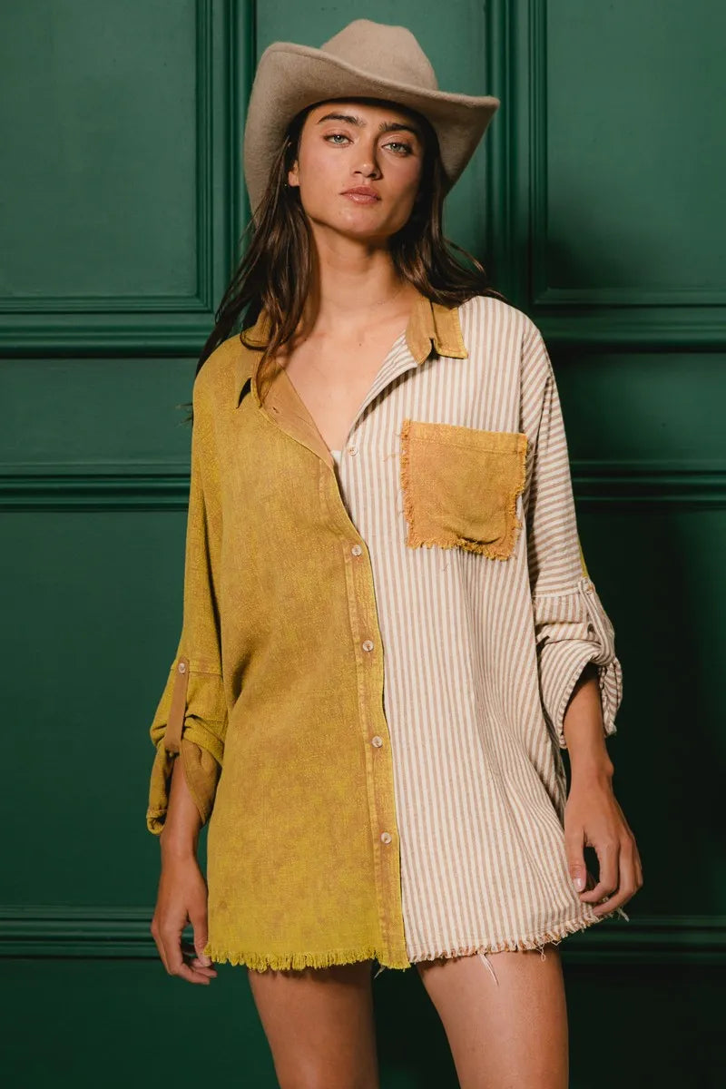 BiBi Washed Raw Hem Shirt - Trendy Distressed Denim Top for Women | Perfect for Casual Outings, Street Style & Layering