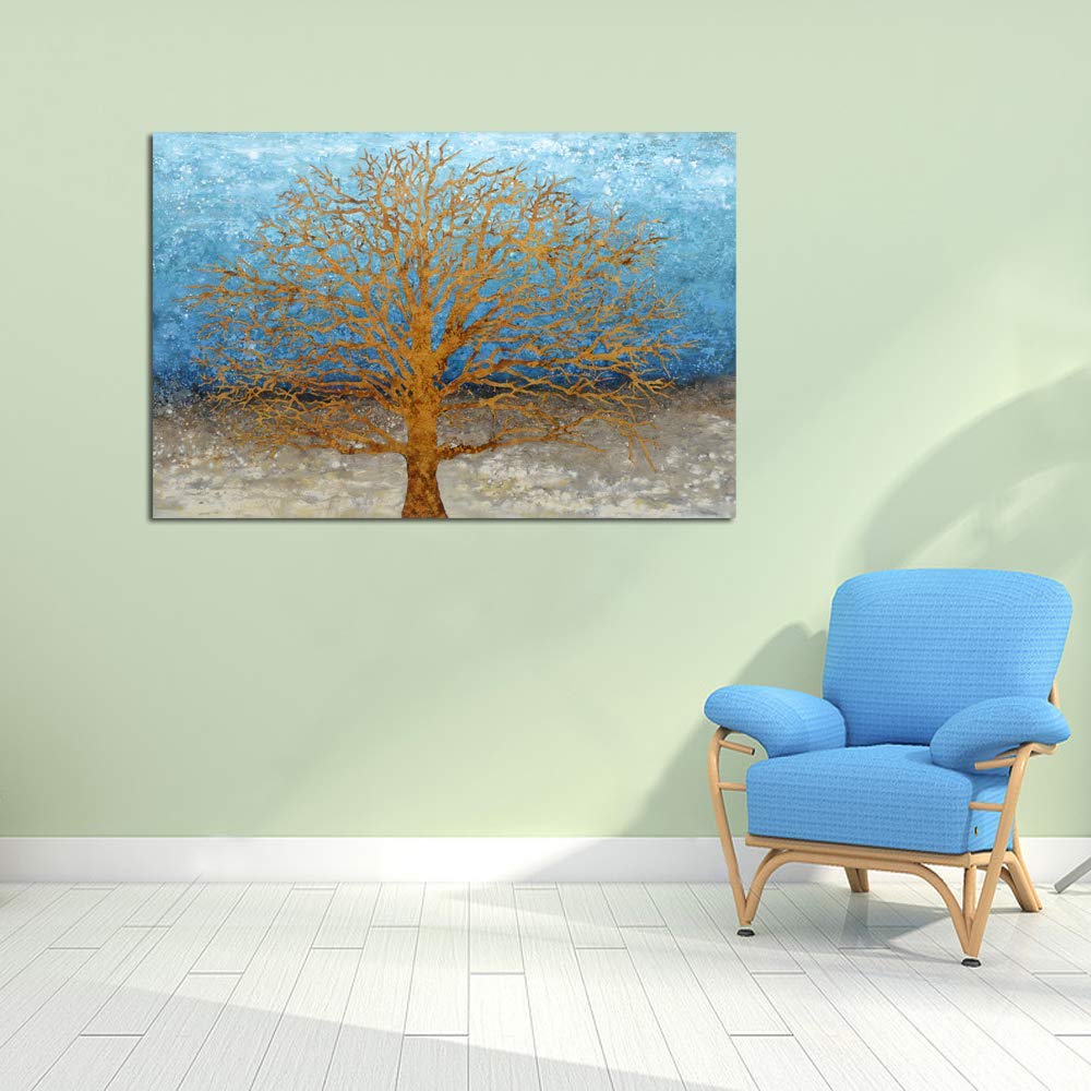 Yihui Arts Tree Canvas Wall Art - Blue & Gold Textured Forest Painting, Modern Landscape Picture for Living Room, Bedroom, Bathroom Decor - Perfect for Home, Office & Gift Giving