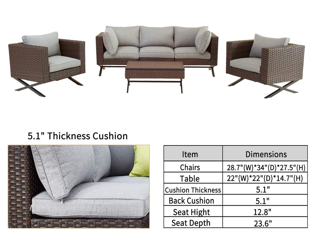 PatioFestival 6-Piece Outdoor Patio Conversation Set with X-Leg Design & Cushioned Seating + Coffee Table - Perfect for Backyard, Garden, Poolside & Outdoor Entertaining