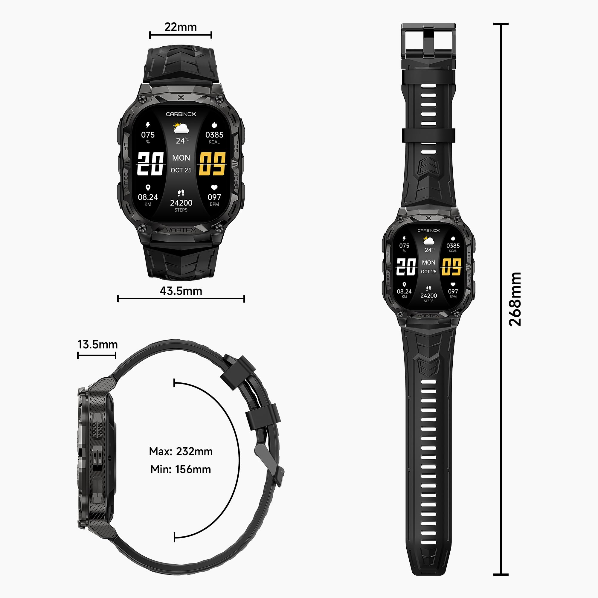 CARBINOX Vortex Smart Watch with Charger - Rugged IP69K Waterproof Fitness Tracker for Android & iOS, 14-Day Battery Life, Military-Grade Durability - Perfect for Outdoor Sports, Hiking, and Daily Fitness Tracking