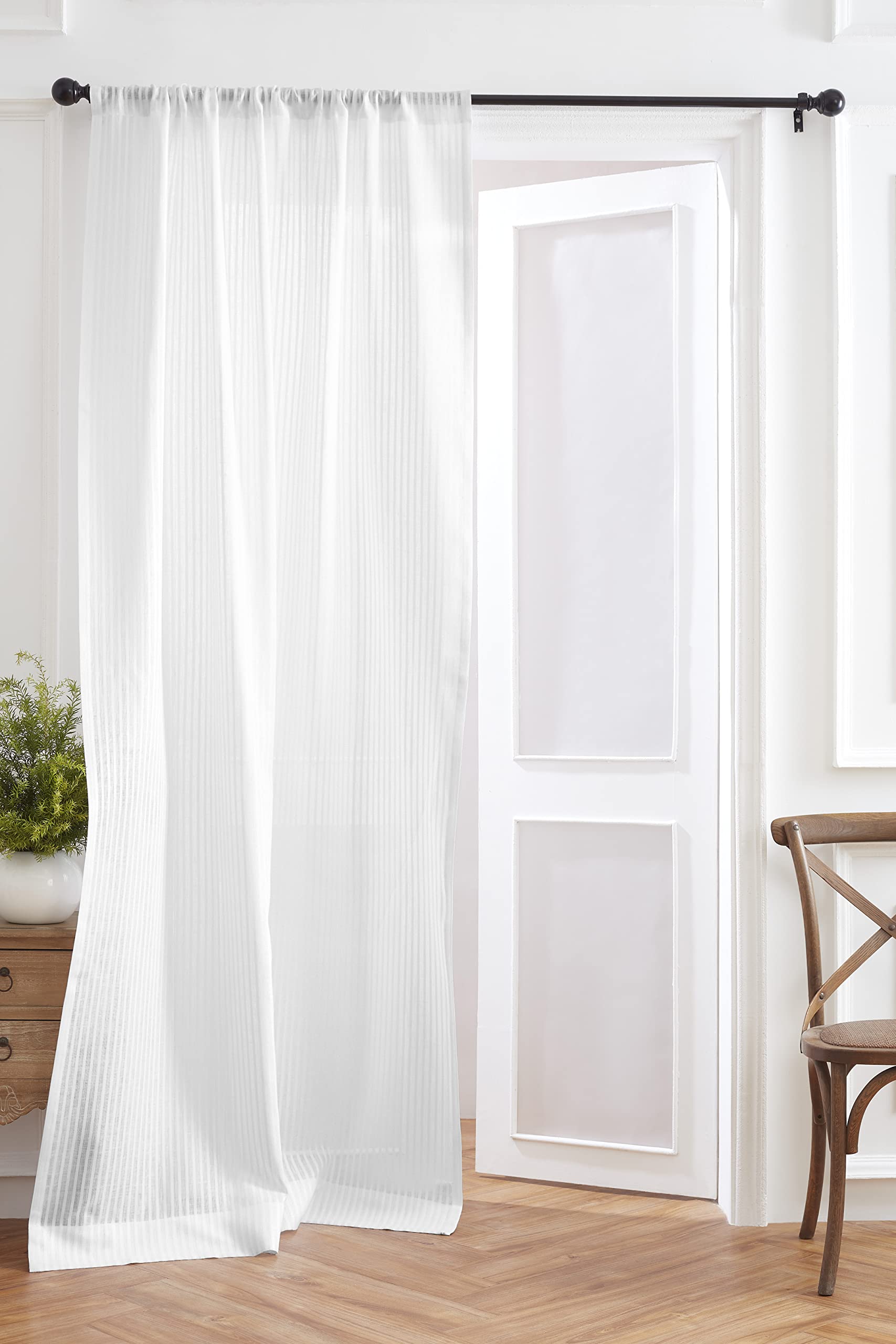 Solino Home 52x120 Inch Liana White Flax Linen Cotton Blend Sheer Curtain with Rod Pocket - Light Filtering Window Treatment for Living Room, Bedroom, Indoor & Outdoor Use - Elegant Striped Design for Modern Home Decor