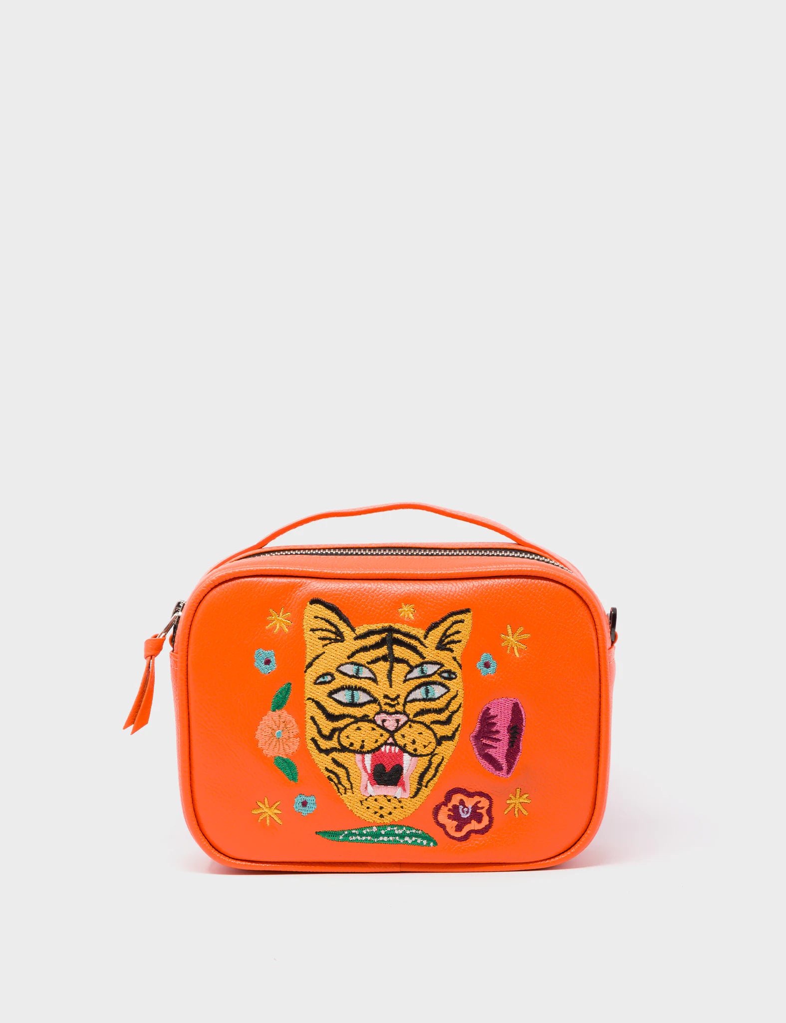 Verto Crossbody Bag - Vermillion Orange Genuine Leather Handbag with Tiger & Floral Embroidery - Perfect for Women's Casual Outings, Travel & Everyday Use