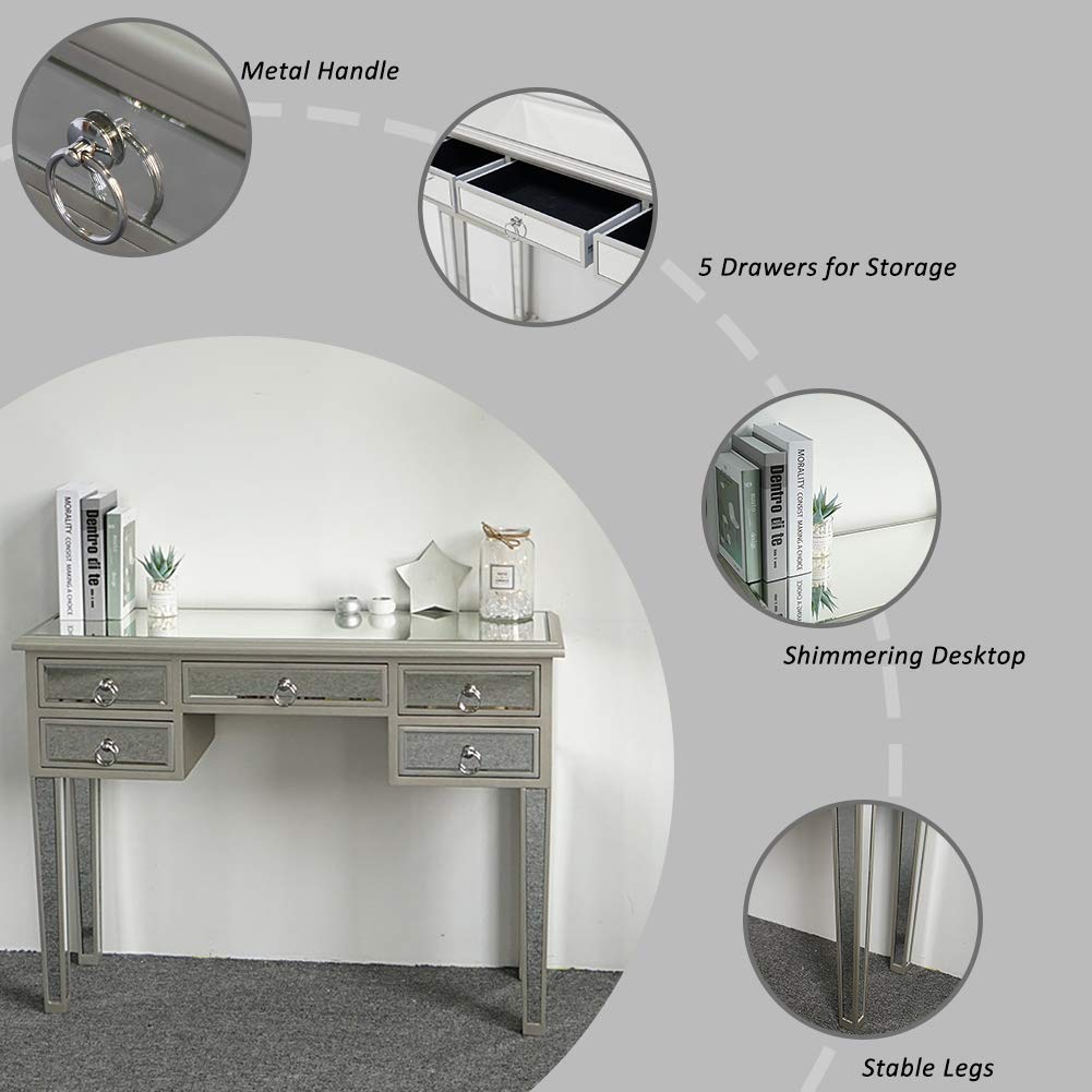 Modern Mirrored Vanity Table with 5 Drawers - Silver Makeup Desk & Writing Table for Women, Home Office & Bedroom - Elegant Console Table with Smooth Finish for Dressing, Working & Media Storage