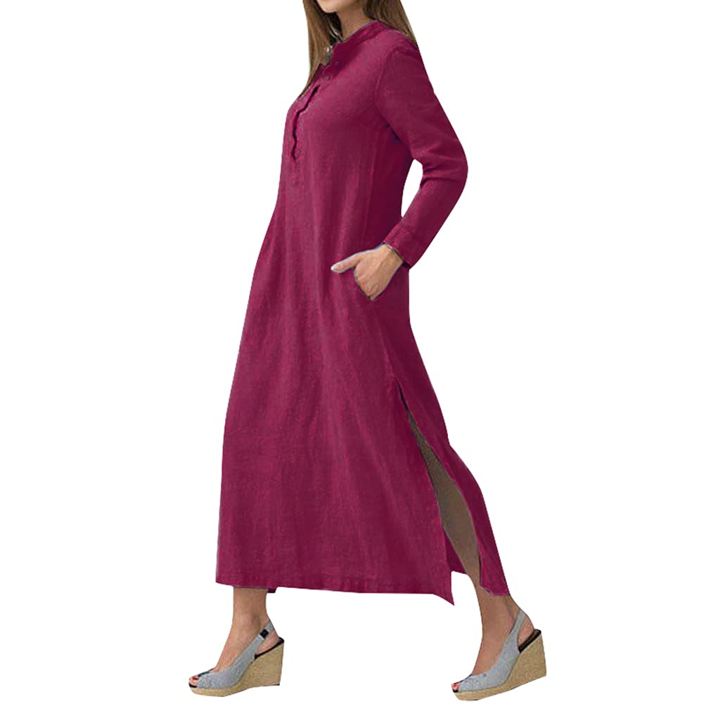 Versear Women's Long Sleeve Button Up Shirt Dress - Split Hem Cotton Maxi Dress with Pockets | Casual Beach Cover Up, Office Wear & Summer Outfit
