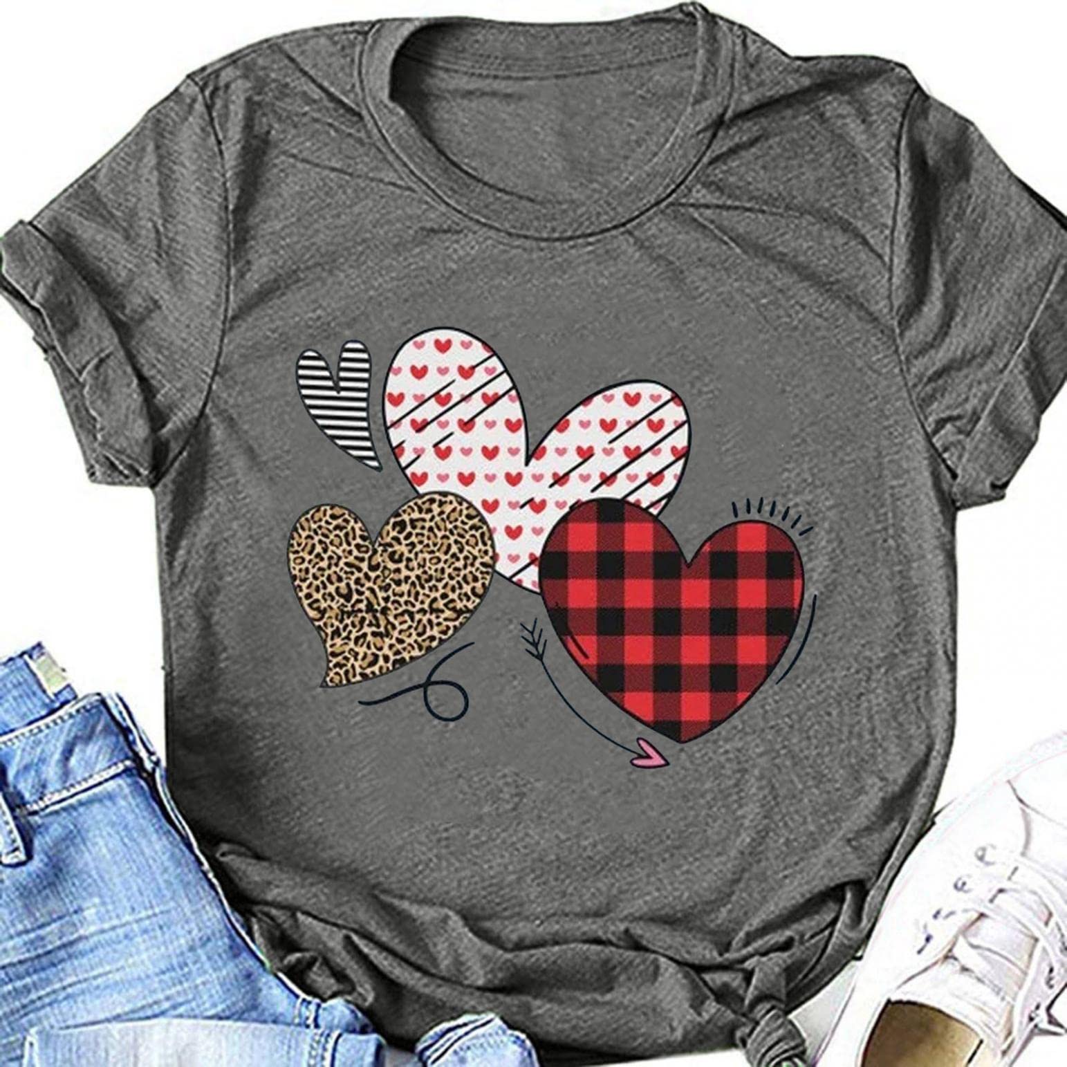 Women's Short Sleeve Valentine's Day Tops - Heart Print Cute Graphic T-Shirts for Summer, Casual & Dressy Blouses | Perfect for Date Nights, Parties & Casual Outings