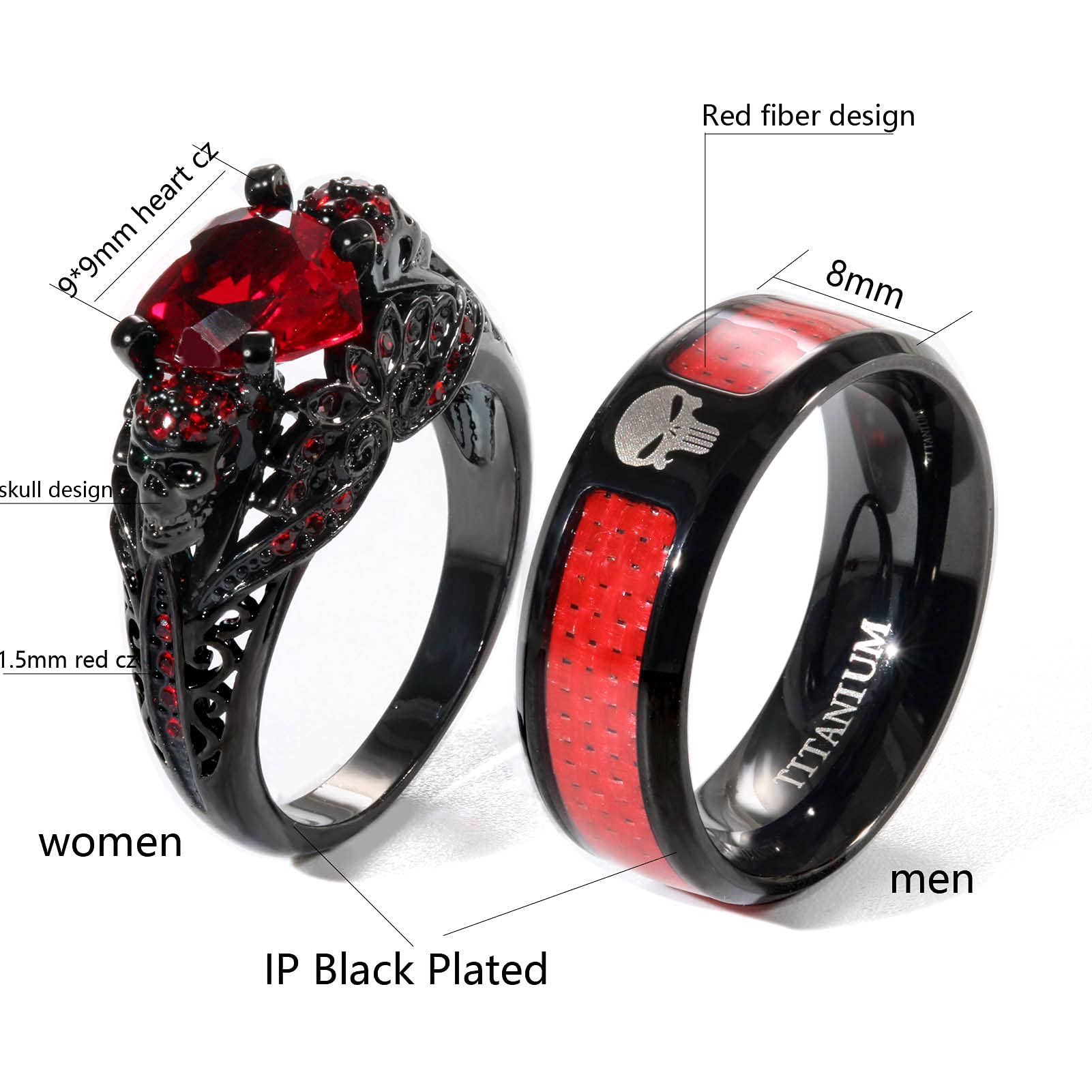 His and Hers Skull Couple Rings - Punk Skeleton Black Titanium Steel Wedding Bands with Heart & Red CZ for Men & Women | Gothic Jewelry, Anniversary Gift, Alternative Wedding Ring Set