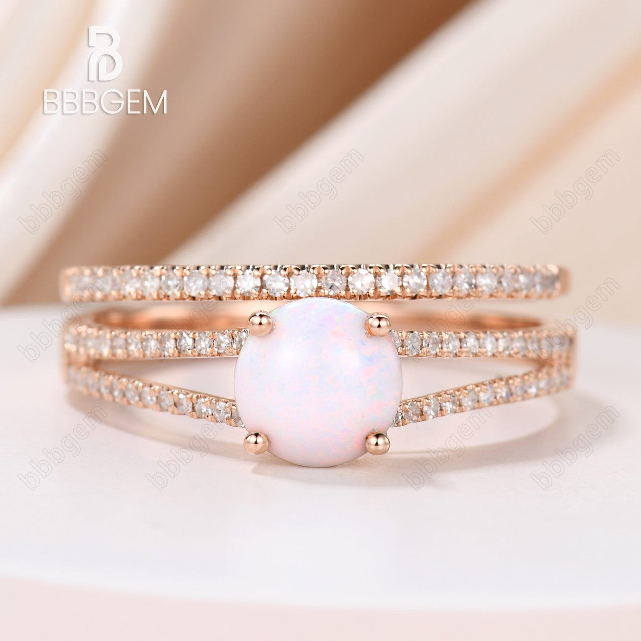 Vintage Opal Engagement Ring Split Shank Set with Pave Diamond Band - Elegant Wedding Jewelry for Brides, Anniversary Gifts & Special Occasions