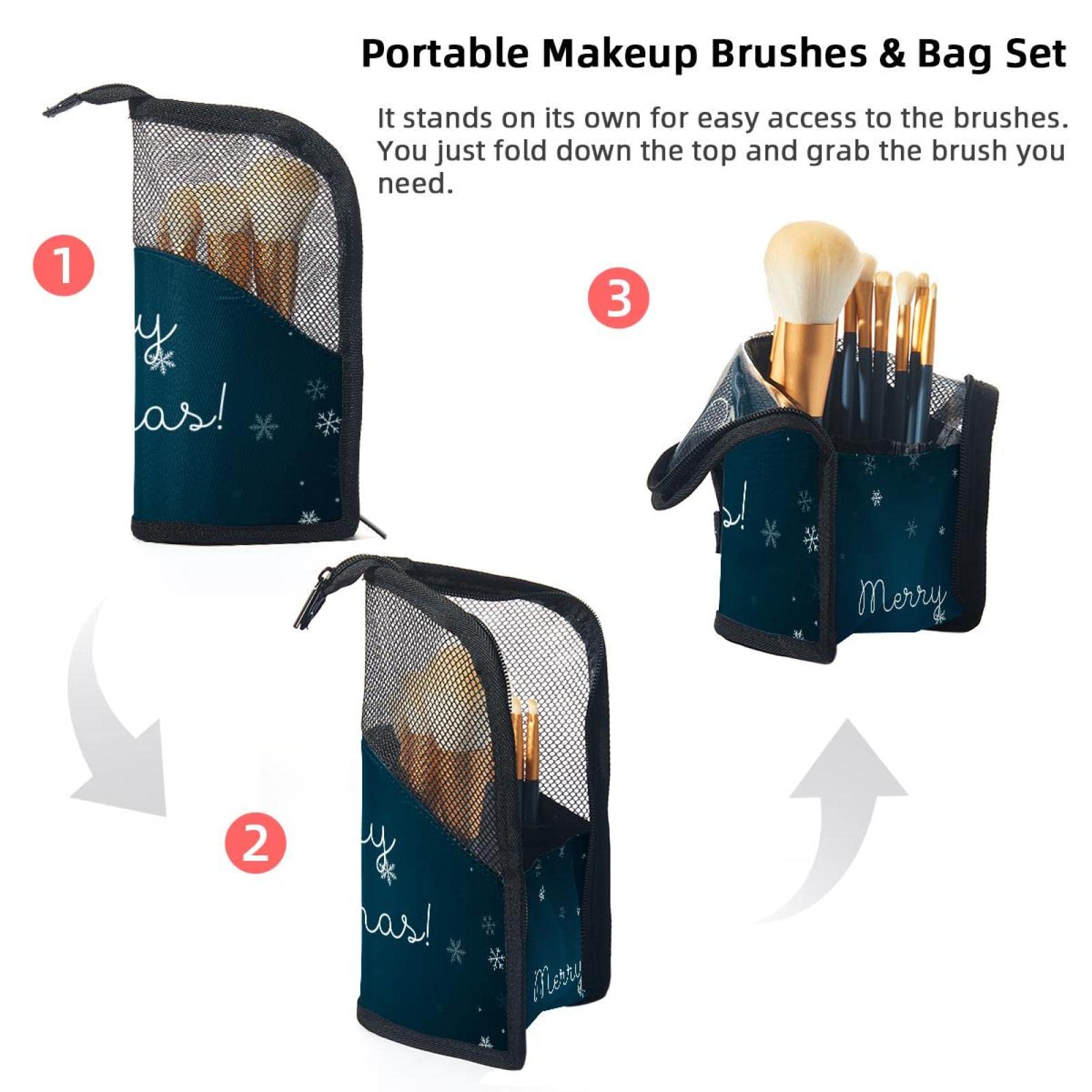 Premium 12-Piece Makeup Brush Organizer Bag with Snowflake Design - Portable Blue Makeup Brush Holder Case for Travel & Home Storage - Perfect Christmas Gift for Makeup Lovers