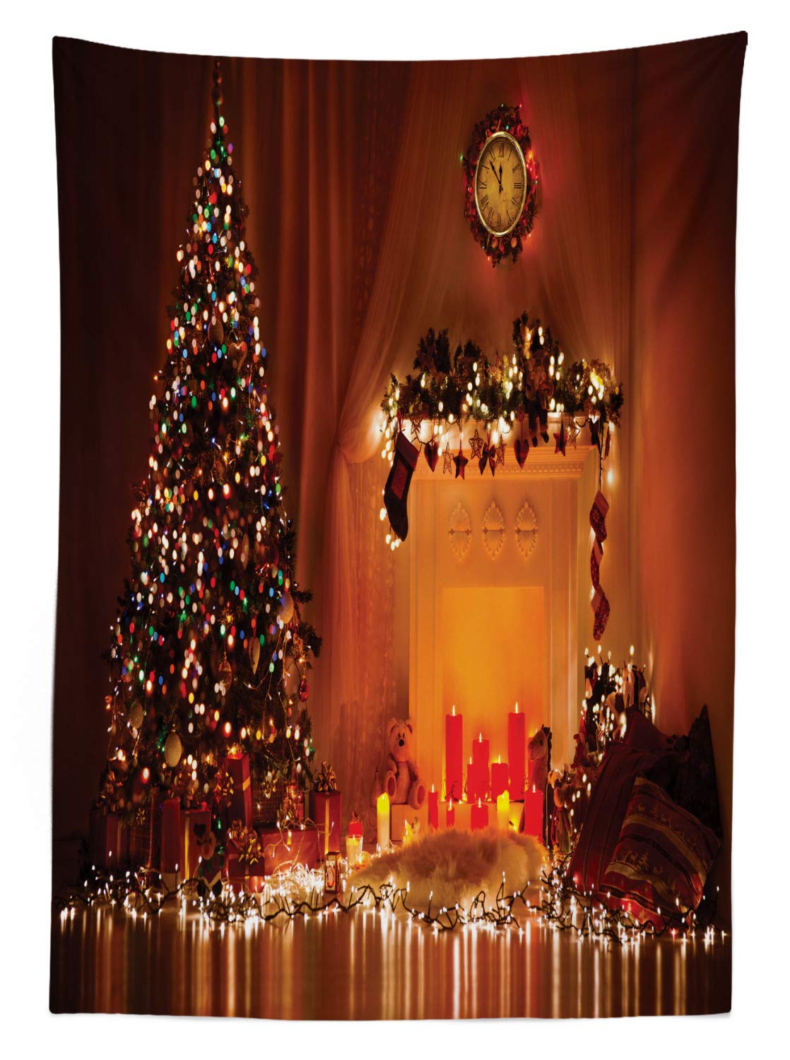 Ambesonne Christmas Tablecloth - Romantic Holiday Decor with Candles, Presents & Toys Print, 60