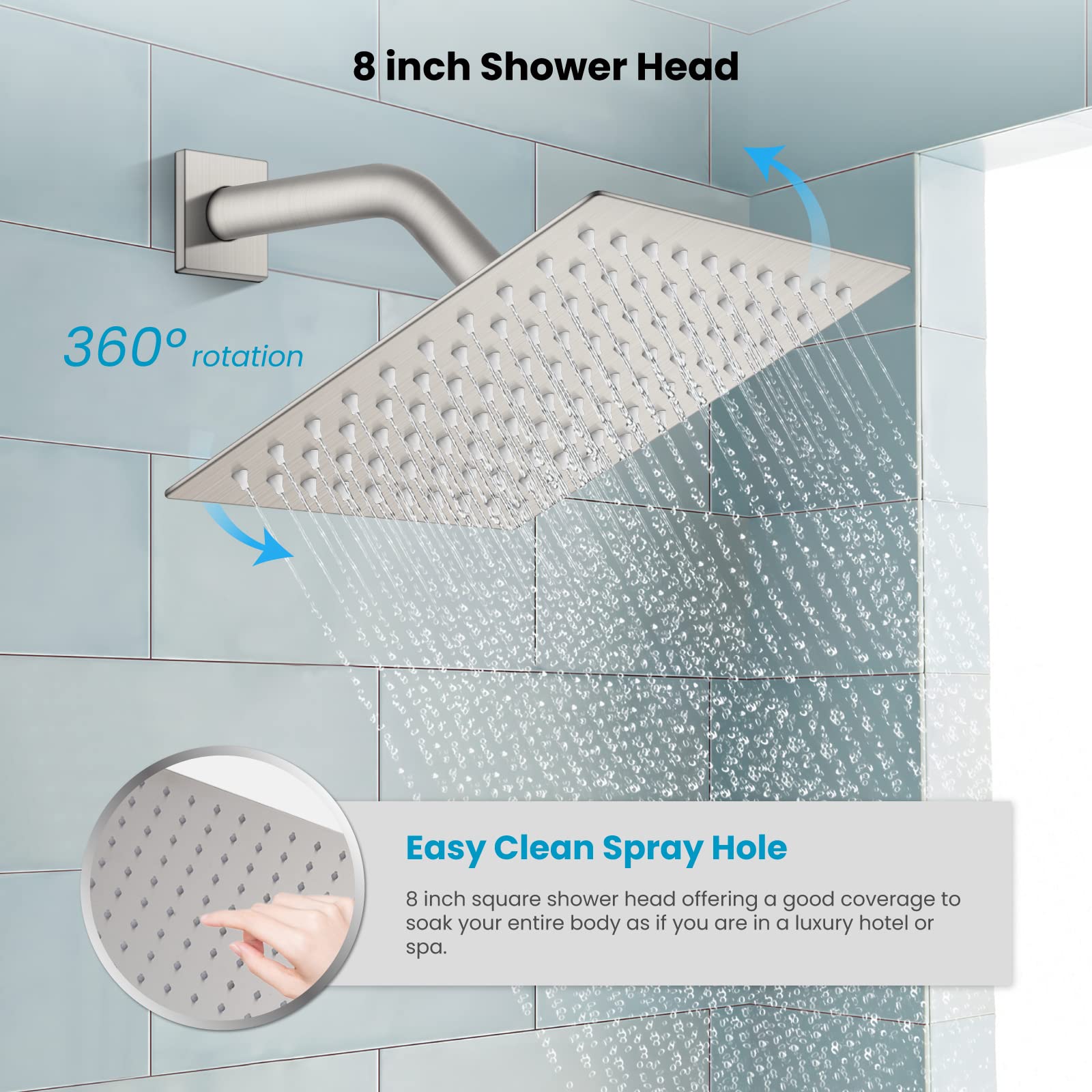 Gotonovo 8 Inch Rainfall Shower System - Brushed Nickel Wall Mounted Shower Head and Handle Combo with Solid Brass Pressure Balancing Mixer Valve - Perfect for Modern Bathroom Renovation and Spa-Like Shower Experience
