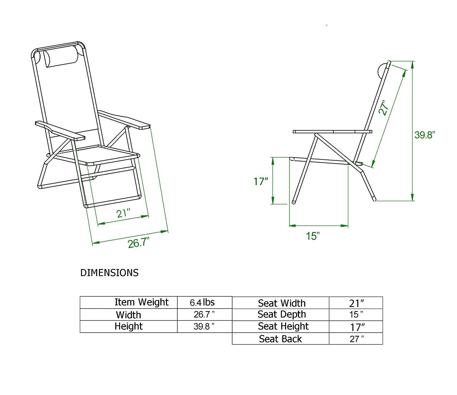 17 Inch Tall Beach Chair for Adults - 4 Reclining Positions & Elevated Design - Perfect for Beach, Poolside, Camping & Outdoor Relaxation